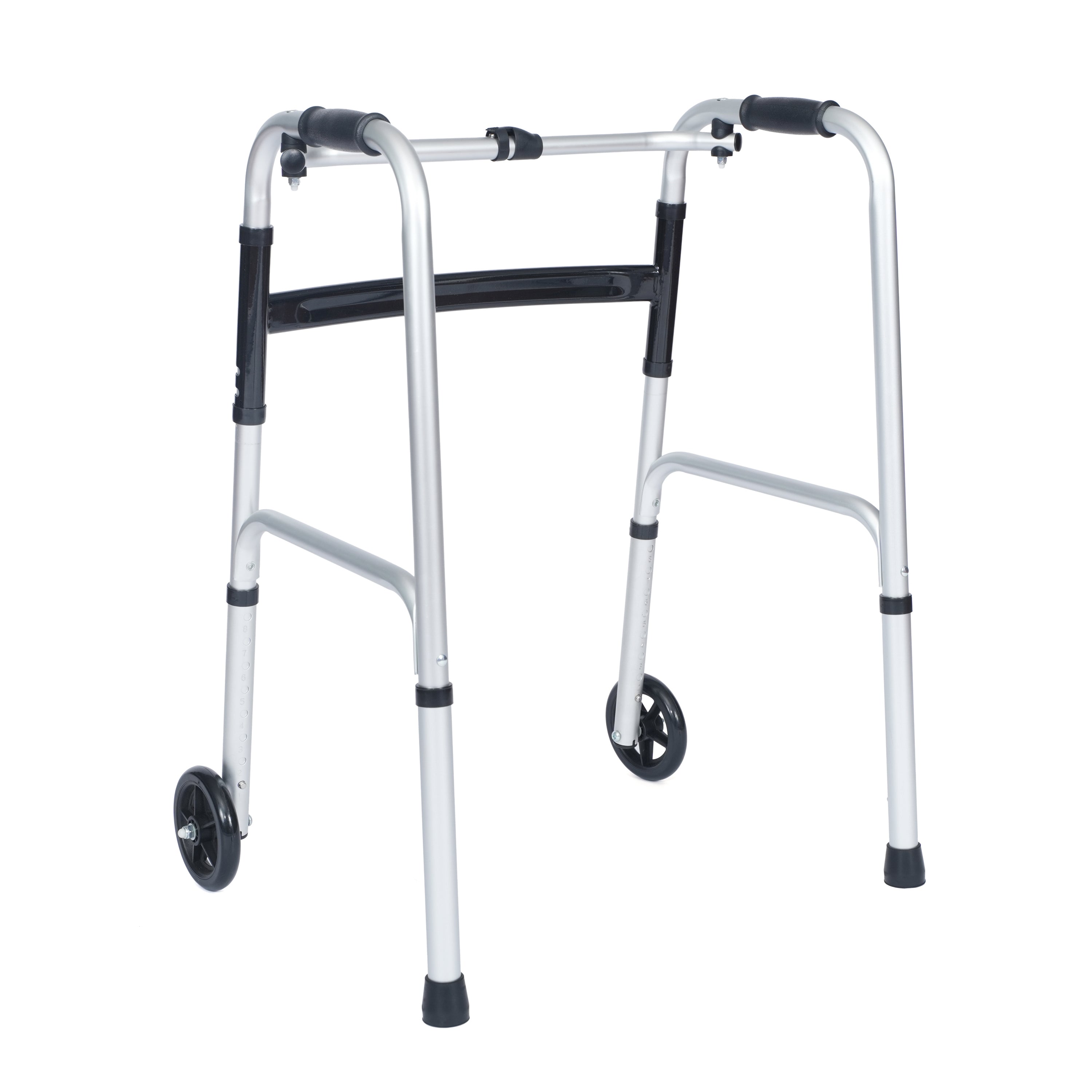 HERCULES Folding Walker with Adjustable Height, Interchangeable Wheels or Feet, Dual Frame Types, and Lightweight Design in Silver/Black