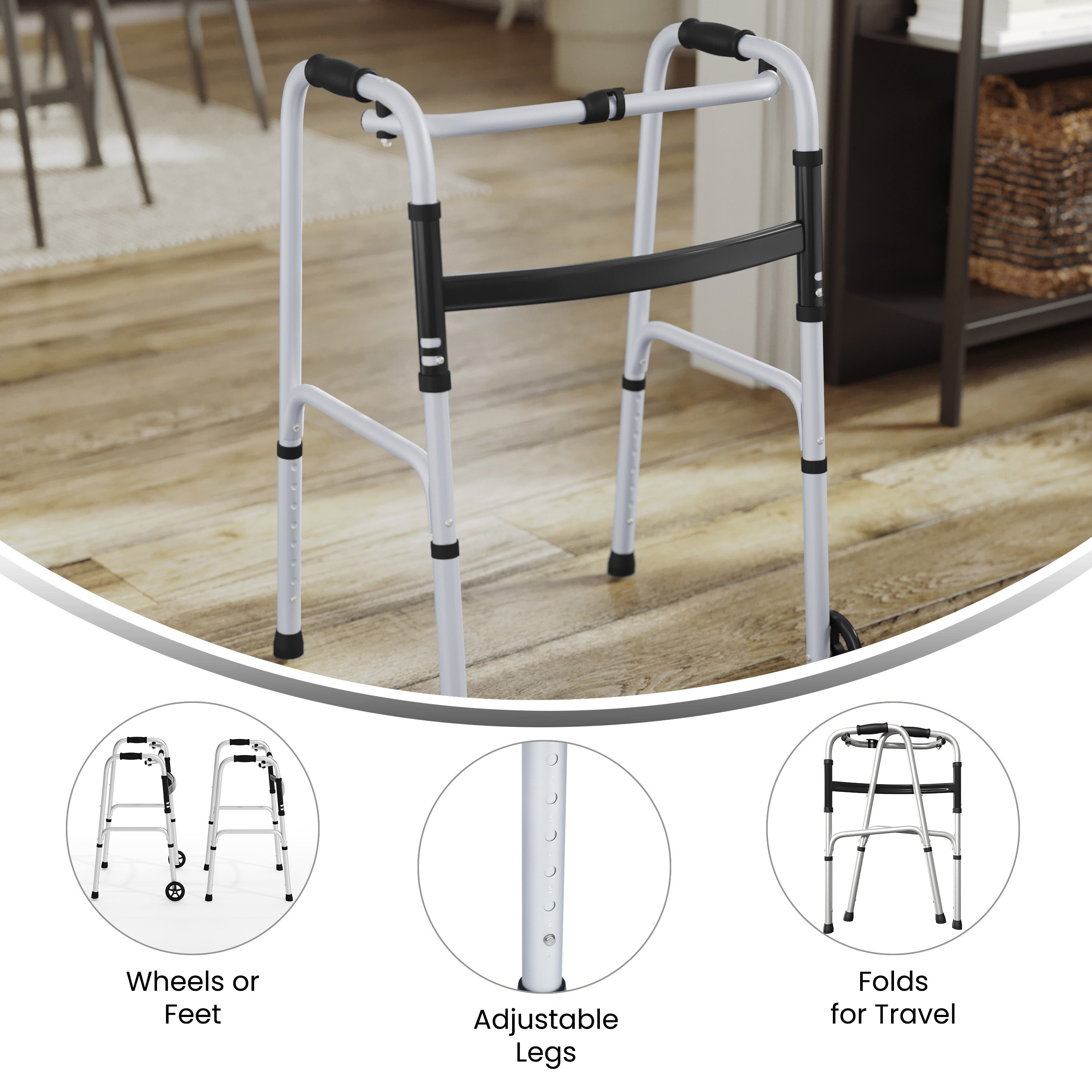 HERCULES Folding Walker with Adjustable Height, Interchangeable Wheels or Feet, Dual Frame Types, and Lightweight Design in Silver/Black