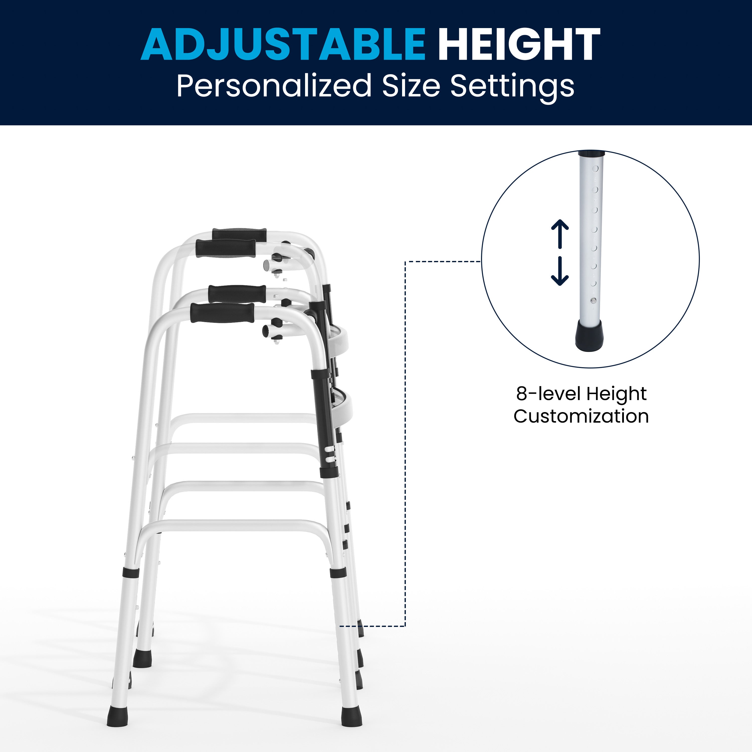 HERCULES Folding Walker with Adjustable Height, Interchangeable Wheels or Feet, Dual Frame Types, and Lightweight Design in Silver/Black