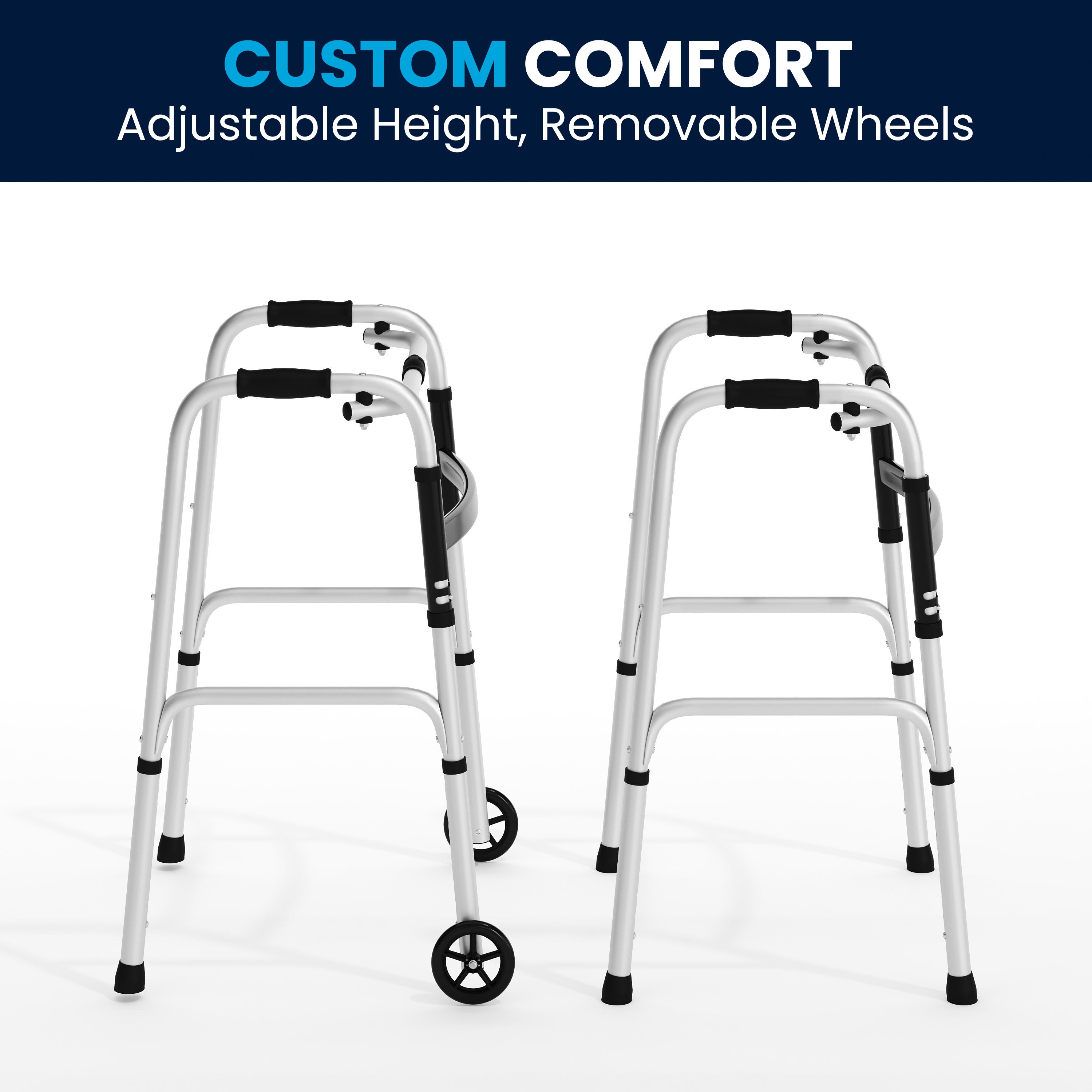 HERCULES Folding Walker with Adjustable Height, Interchangeable Wheels or Feet, Dual Frame Types, and Lightweight Design in Silver/Black