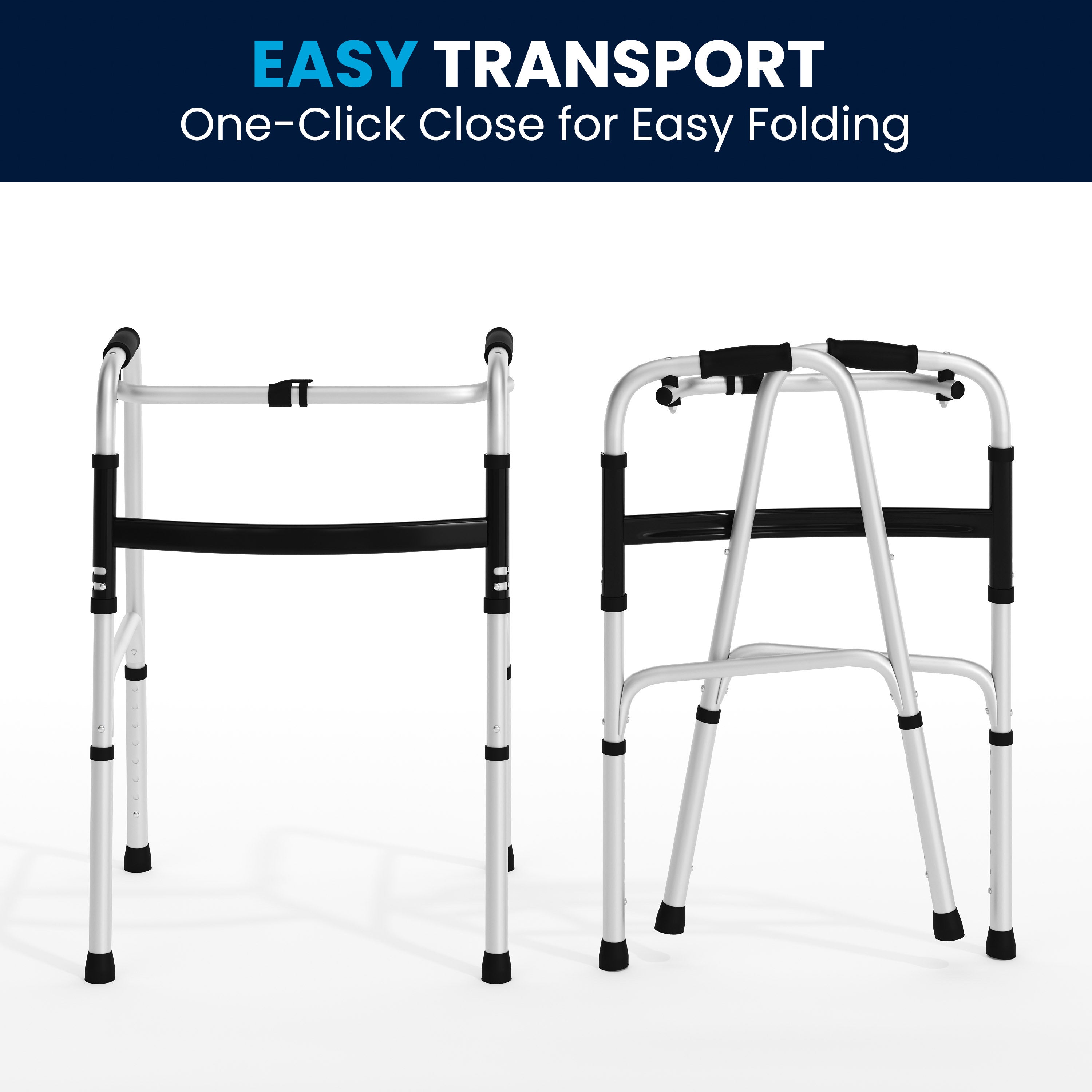 HERCULES Folding Walker with Adjustable Height, Interchangeable Wheels or Feet, Dual Frame Types, and Lightweight Design in Silver/Black