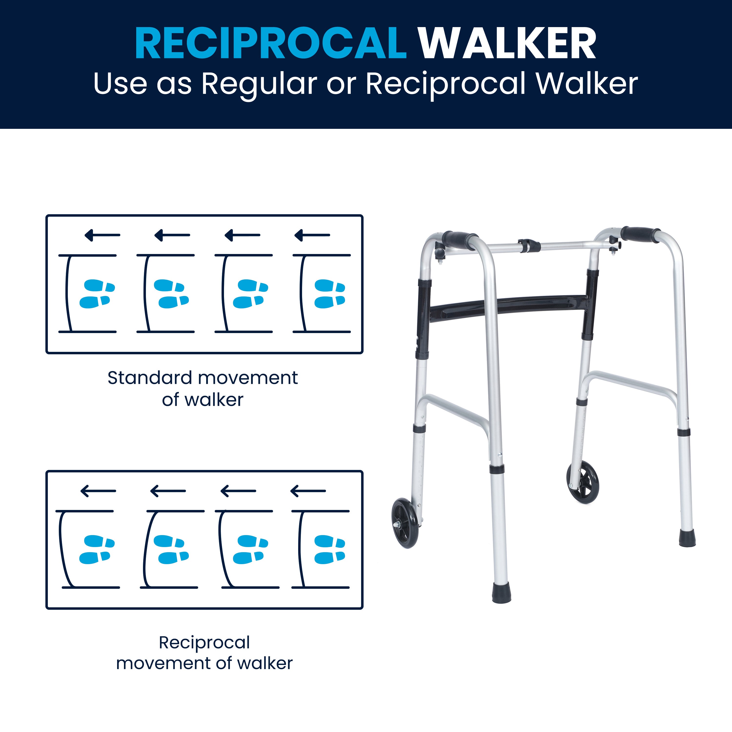 HERCULES Folding Walker with Adjustable Height, Interchangeable Wheels or Feet, Dual Frame Types, and Lightweight Design in Silver/Black