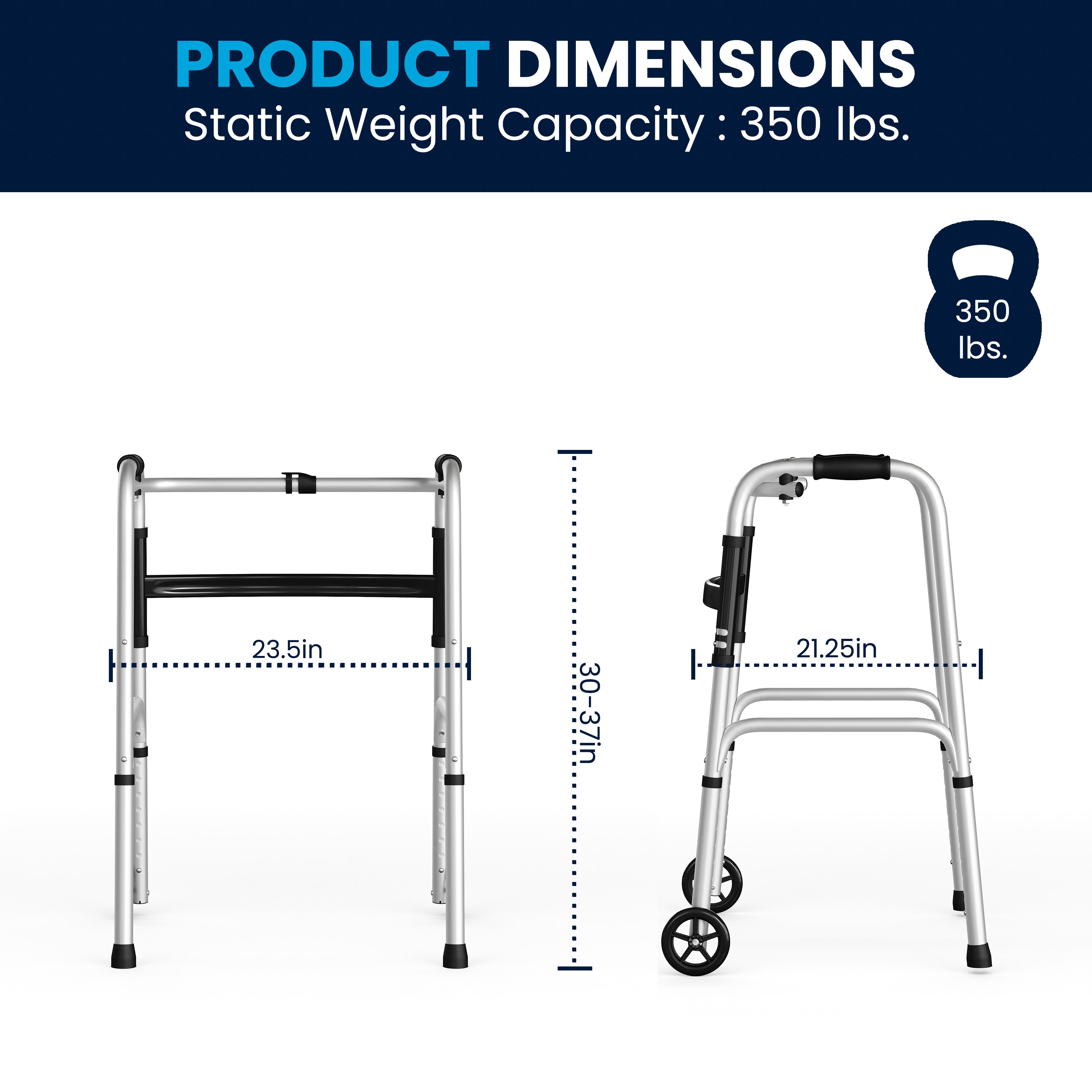 HERCULES Folding Walker with Adjustable Height, Interchangeable Wheels or Feet, Dual Frame Types, and Lightweight Design in Silver/Black