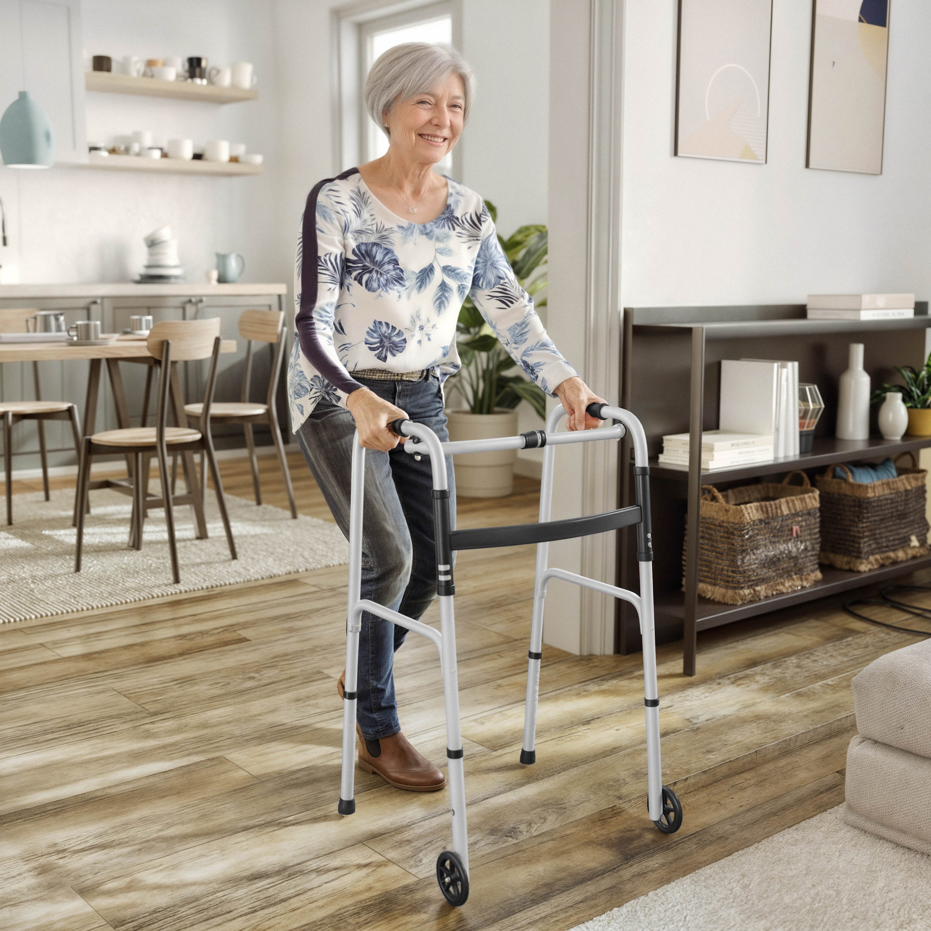 HERCULES Folding Walker with Adjustable Height, Interchangeable Wheels or Feet, Dual Frame Types, and Lightweight Design in Silver/Black