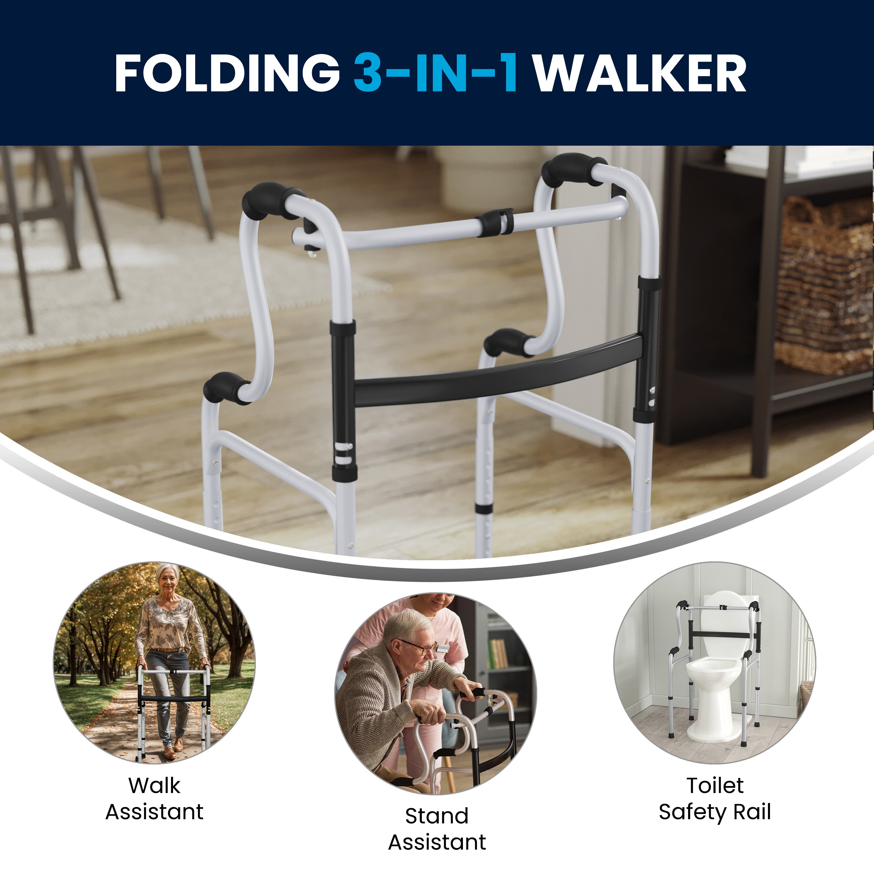 HERCULES Bi-Level Folding Walker with Adjustable Height, Interchangeable Wheels or Feet, Dual Frame Types, and Lightweight Design in Gray