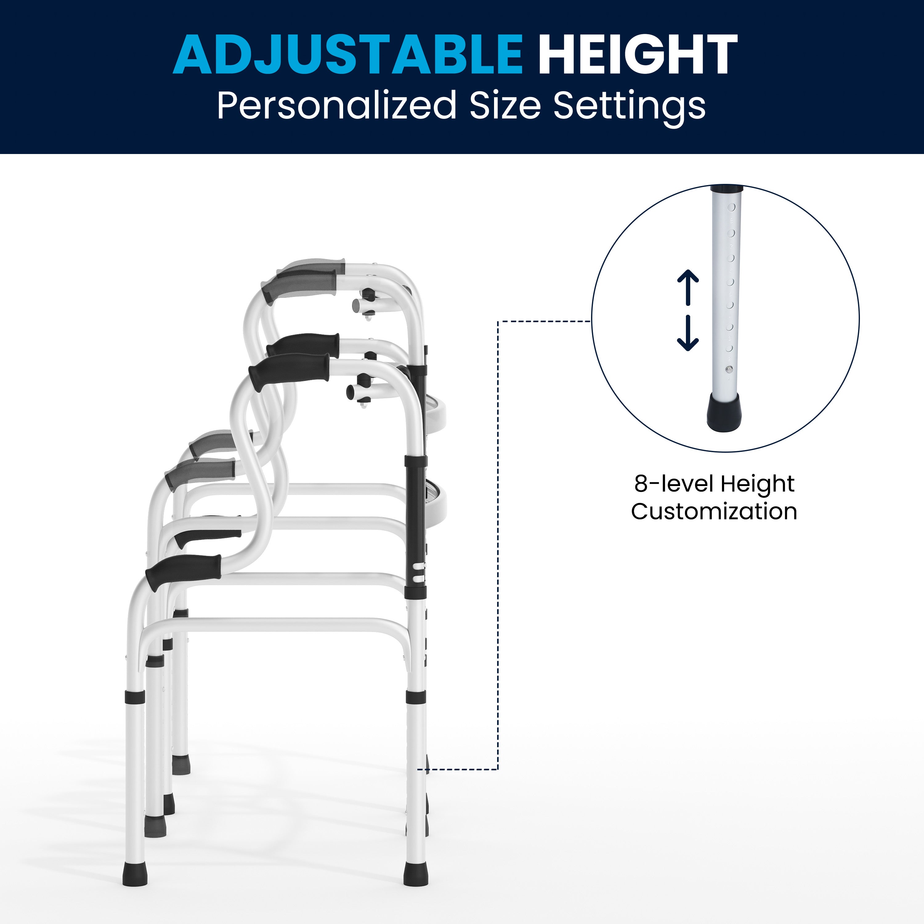 HERCULES Bi-Level Folding Walker with Adjustable Height, Interchangeable Wheels or Feet, Dual Frame Types, and Lightweight Design in Gray