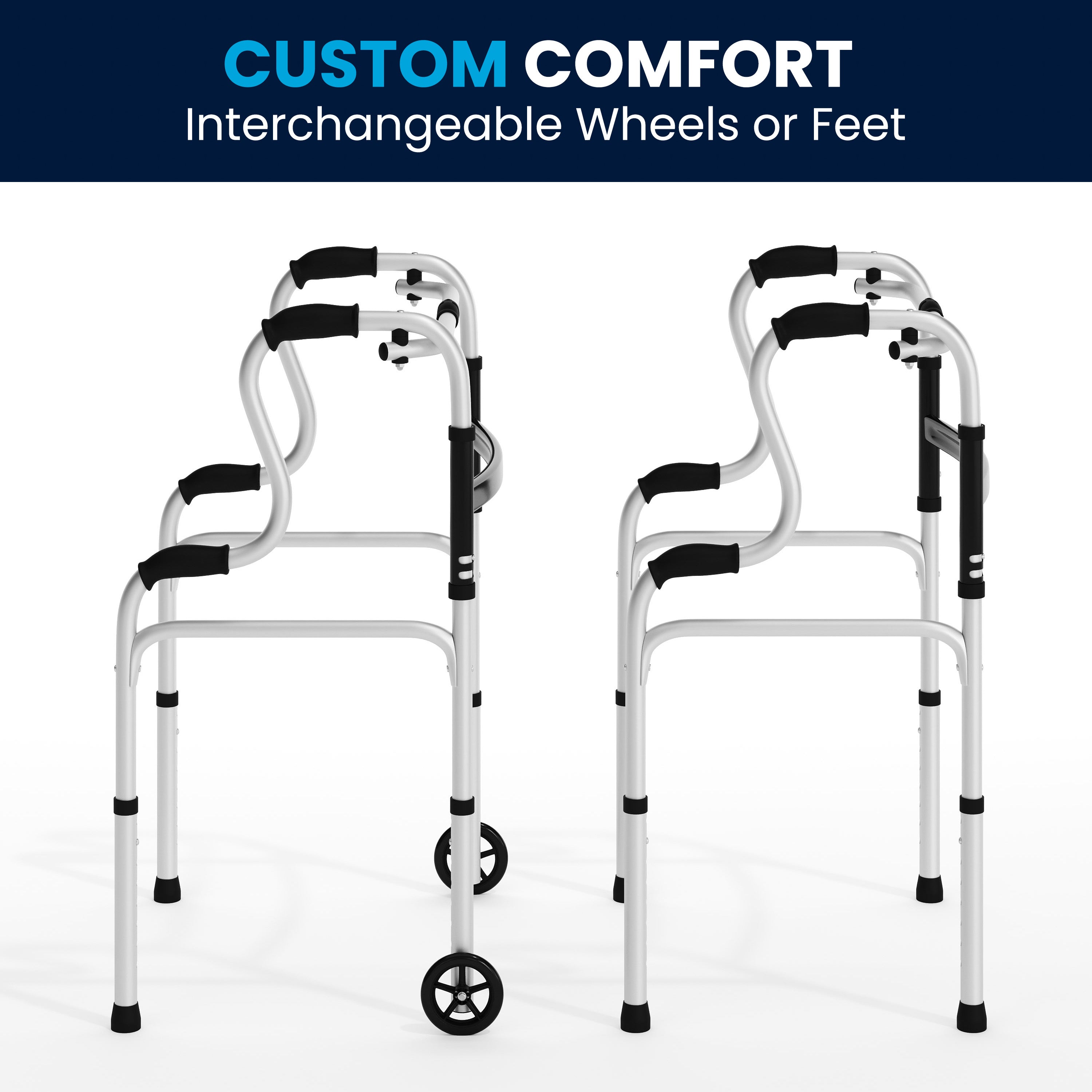 HERCULES Bi-Level Folding Walker with Adjustable Height, Interchangeable Wheels or Feet, Dual Frame Types, and Lightweight Design in Gray