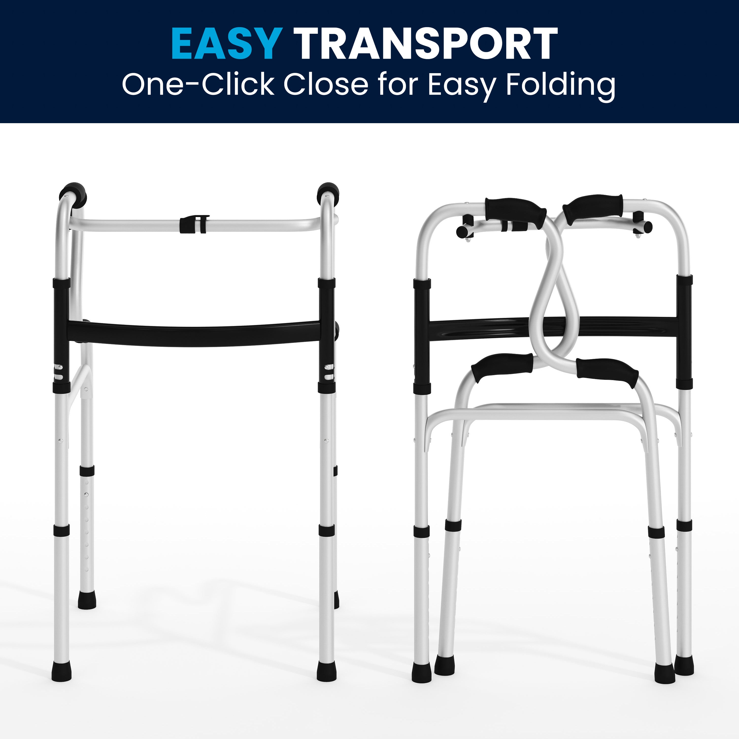 HERCULES Bi-Level Folding Walker with Adjustable Height, Interchangeable Wheels or Feet, Dual Frame Types, and Lightweight Design in Gray
