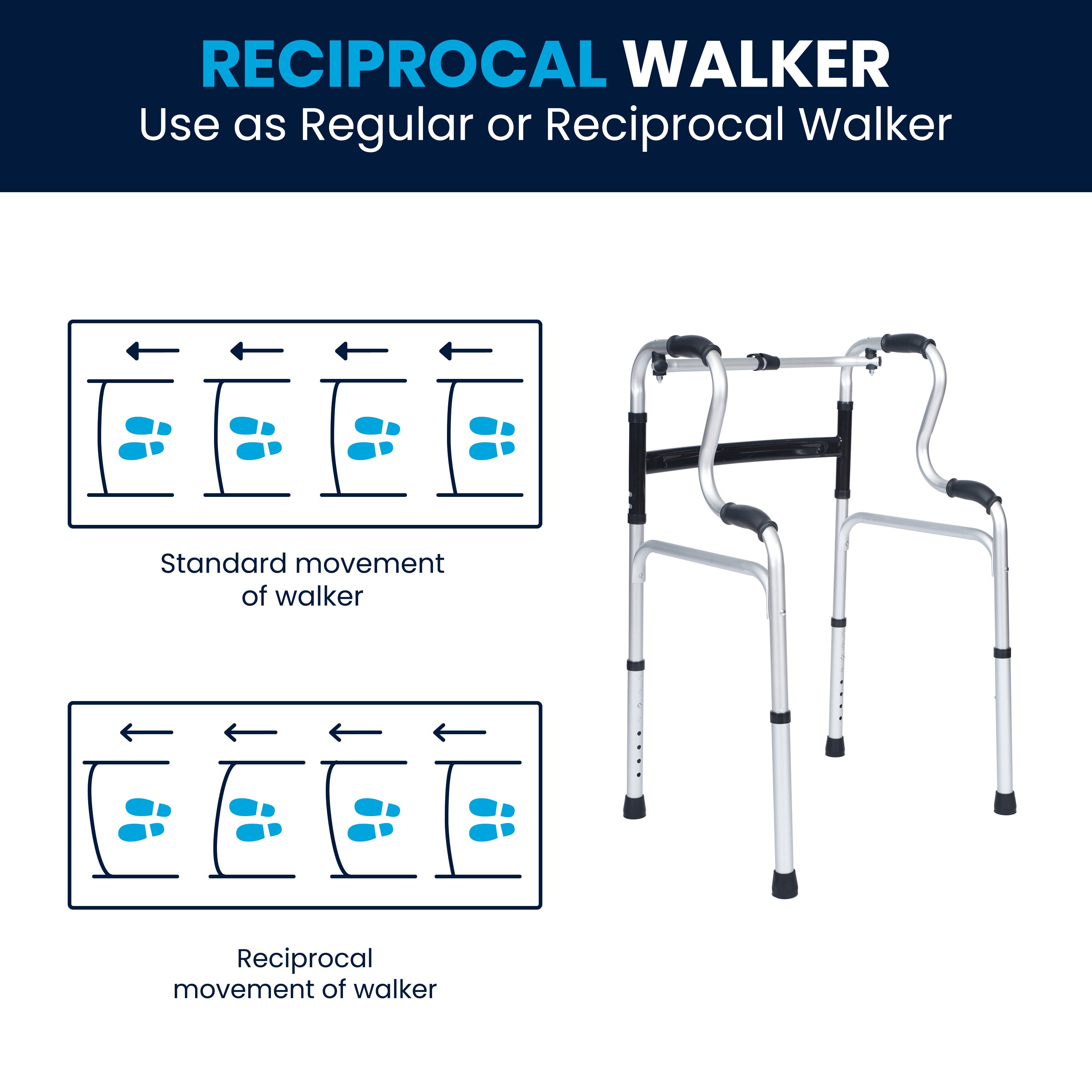 HERCULES Bi-Level Folding Walker with Adjustable Height, Interchangeable Wheels or Feet, Dual Frame Types, and Lightweight Design in Gray