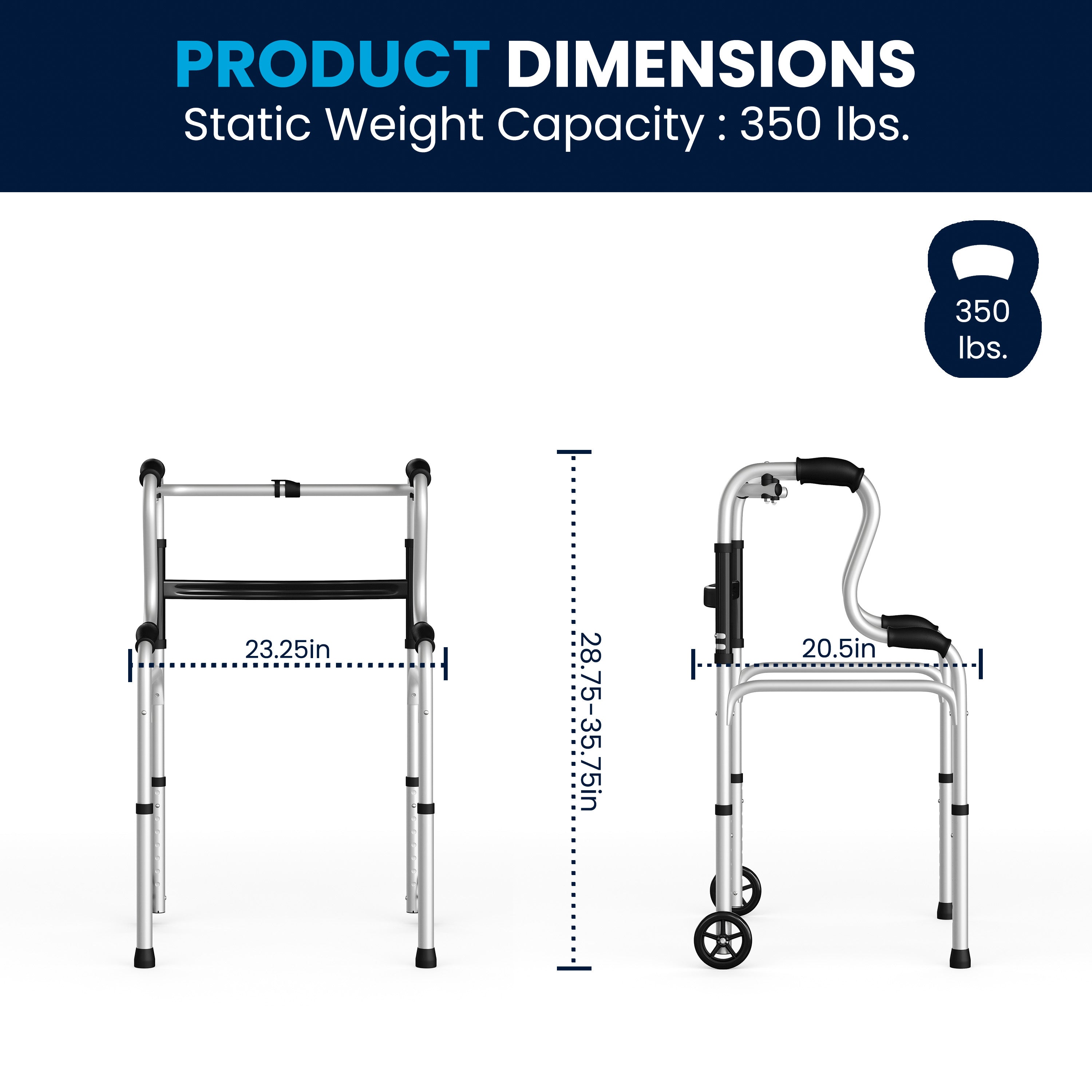 HERCULES Bi-Level Folding Walker with Adjustable Height, Interchangeable Wheels or Feet, Dual Frame Types, and Lightweight Design in Gray