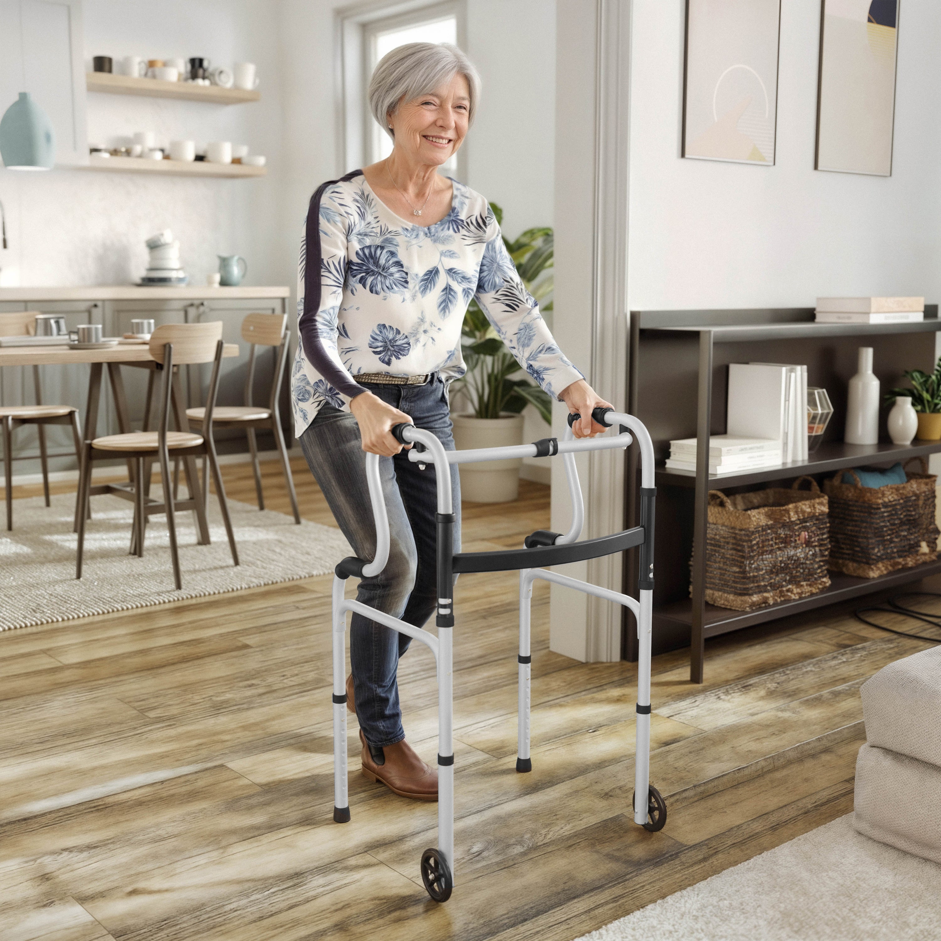 HERCULES Bi-Level Folding Walker with Adjustable Height, Interchangeable Wheels or Feet, Dual Frame Types, and Lightweight Design in Gray