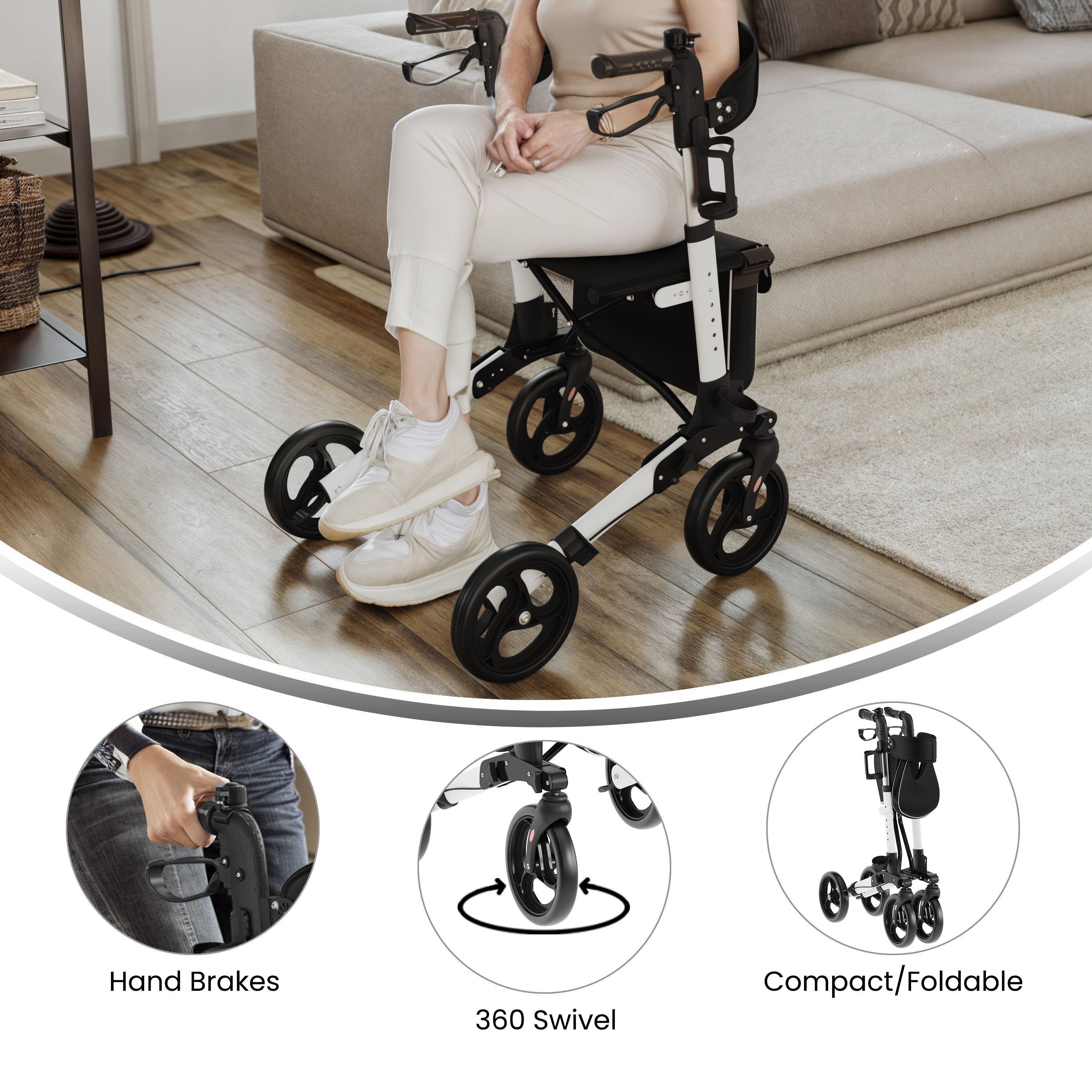 HERCULES Folding Rollator Walker with Adjustable Height, 360 Swivel, and Hand Brakes in White/Black