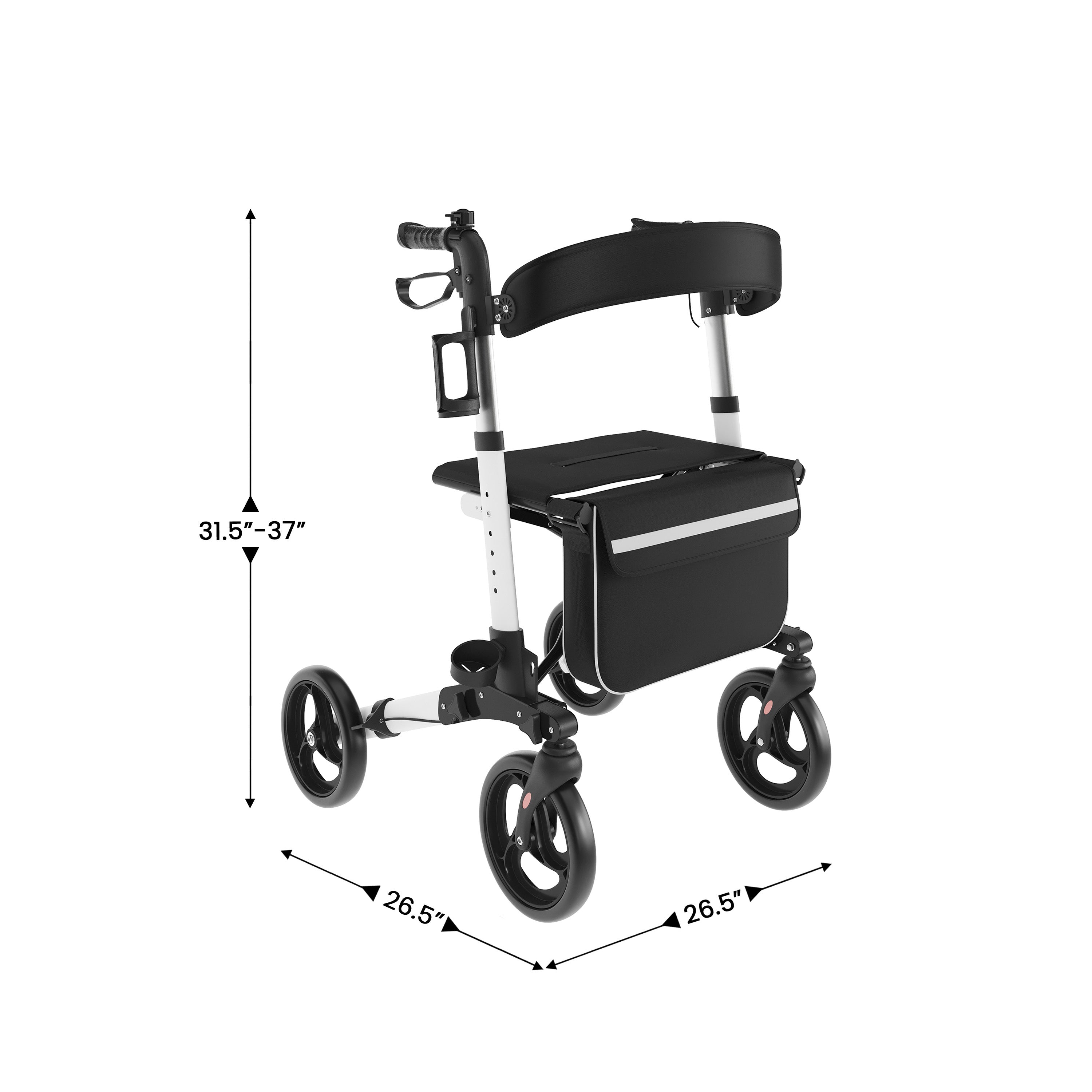 HERCULES Folding Rollator Walker with Adjustable Height, 360 Swivel, and Hand Brakes in White/Black