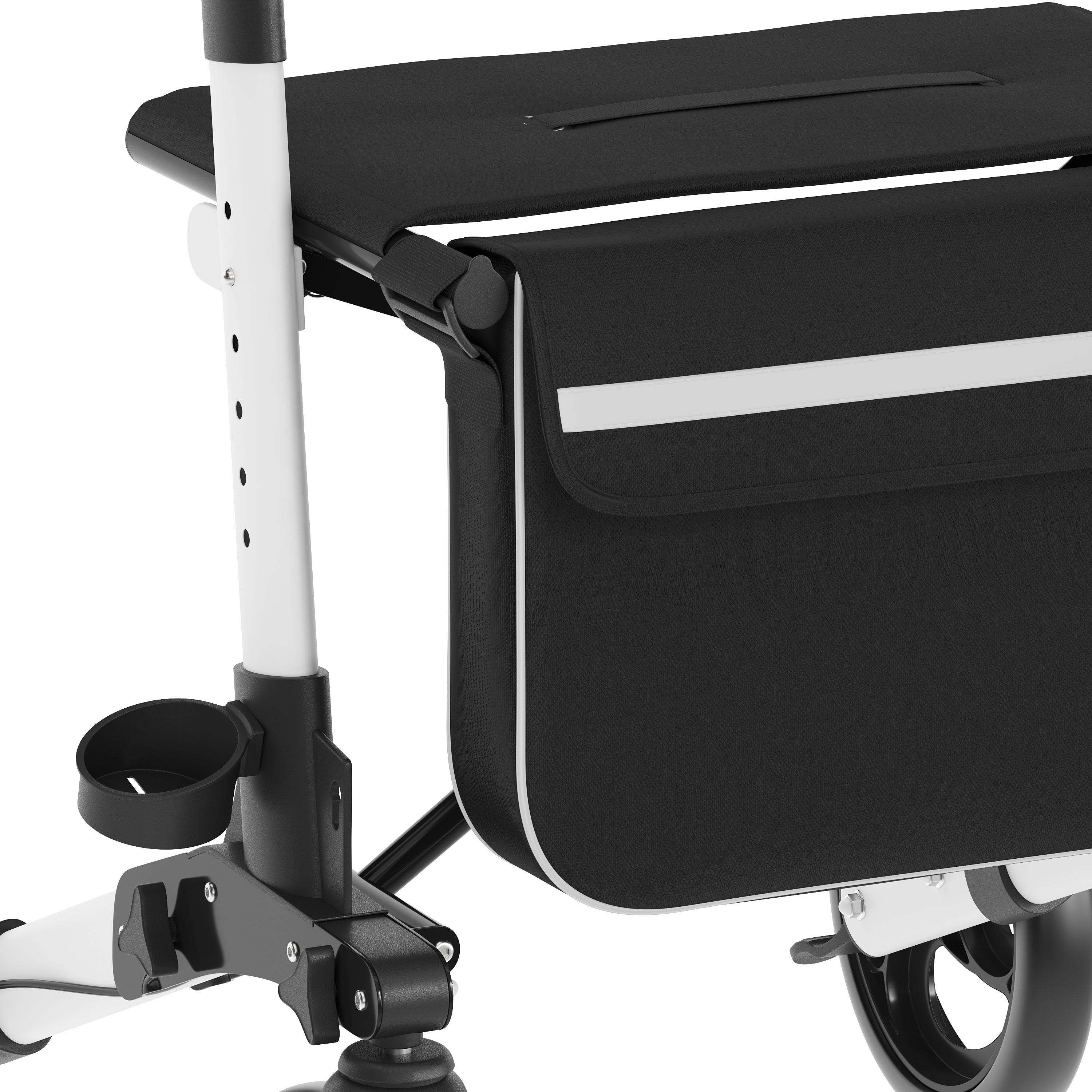 HERCULES Folding Rollator Walker with Adjustable Height, 360 Swivel, and Hand Brakes in White/Black