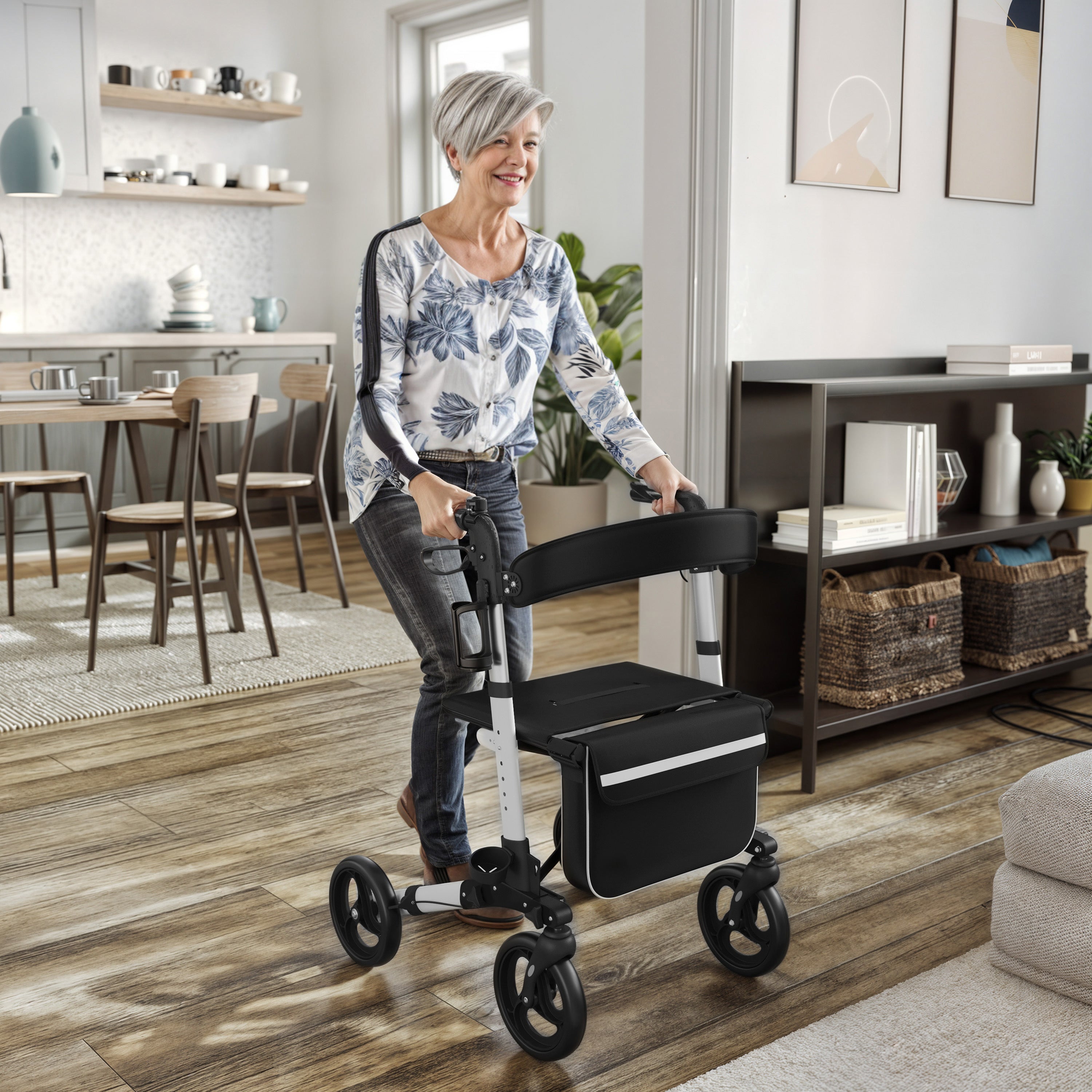 HERCULES Folding Rollator Walker with Adjustable Height, 360 Swivel, and Hand Brakes in White/Black