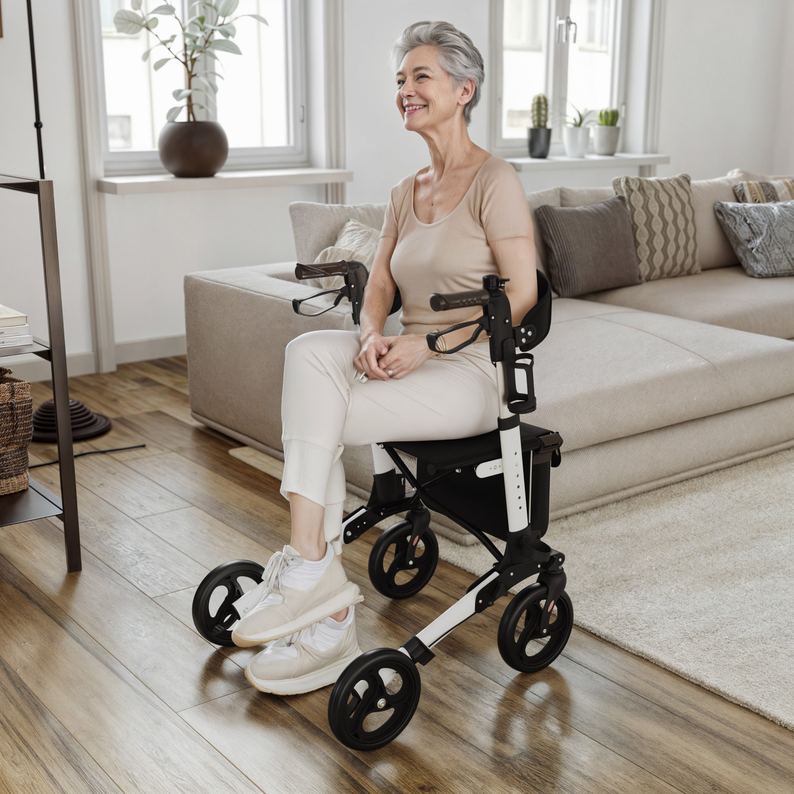 HERCULES Folding Rollator Walker with Adjustable Height, 360 Swivel, and Hand Brakes in White/Black