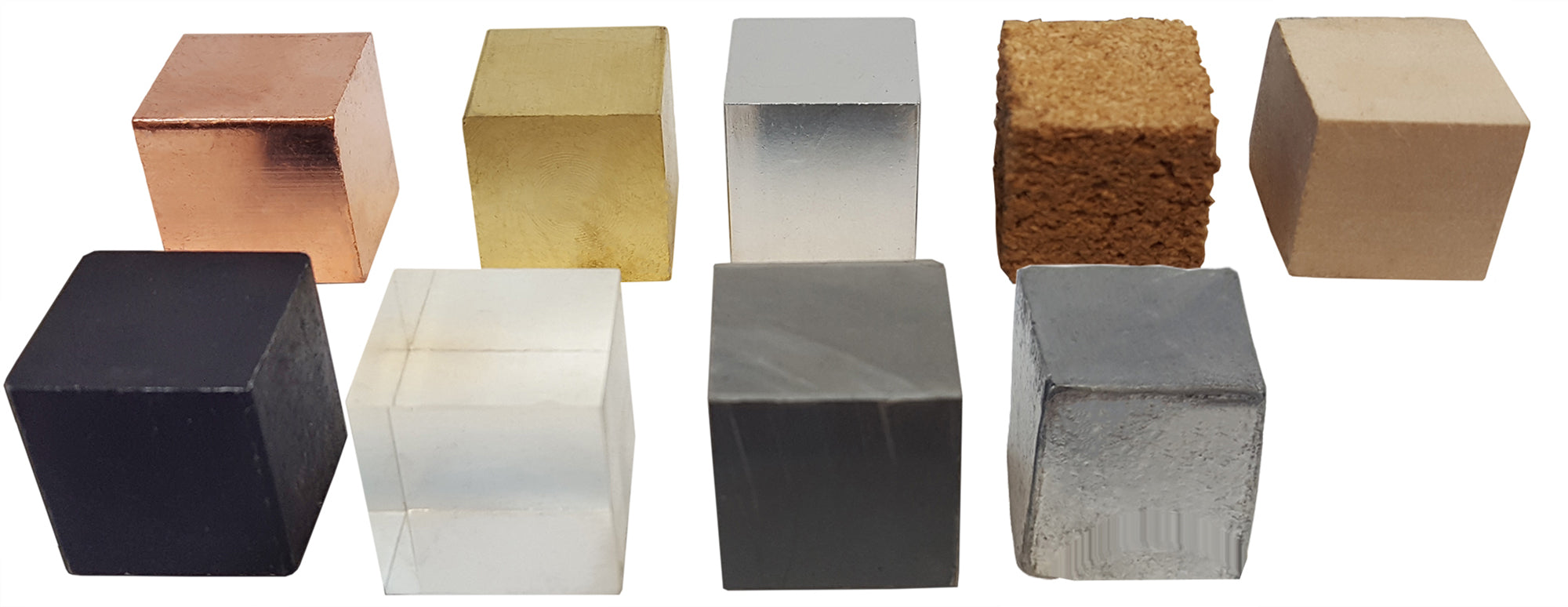 Density Cube Set 9 materials 20mm square. copper, brass, aluminum, iron, zinc, acrylic, plastic, wood and cork.