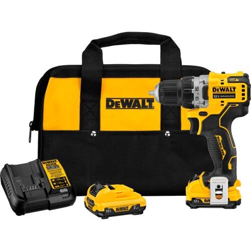 Dewalt 12V Max 3/8" Drill/Driver kit.  Includes: DCD710 Drill, 2 12V Max batteries, Charger, Belt hook, and contractor bag. 1/case