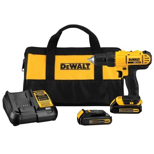 DeWalt 20V Max* Lithium Ion Compact Drill Driver Kit, Model: DCD771C2, Includes: DCD771 1/2" Drill Driver, (2) 20V Max* compact lithium ion battery packs, Compact Charger, Contractor Bag