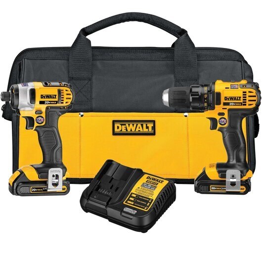 DeWalt 20V MAX* Lithium Ion Compact Drill/Driver/Impact Driver Combo Kit (1.5 AH), Includes: DCD780 1/2" Drill/Driver, DCF885 1/4" Impact Driver, (2) 20V MAX* Lithium Ion 1.5 Ah Battery Packs, Charger, (2) Belt Hooks, Contractor Bag