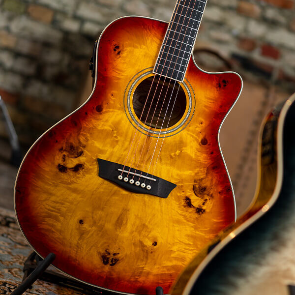 Washburn DFBACEA Deep Forest Burl Grand Auditorium Acoustic Electric Guitar, Amber Fade