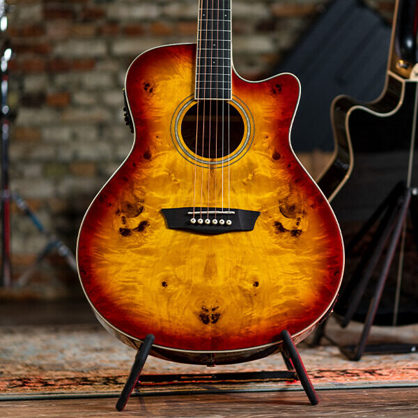 Washburn DFBACEA Deep Forest Burl Grand Auditorium Acoustic Electric Guitar, Amber Fade
