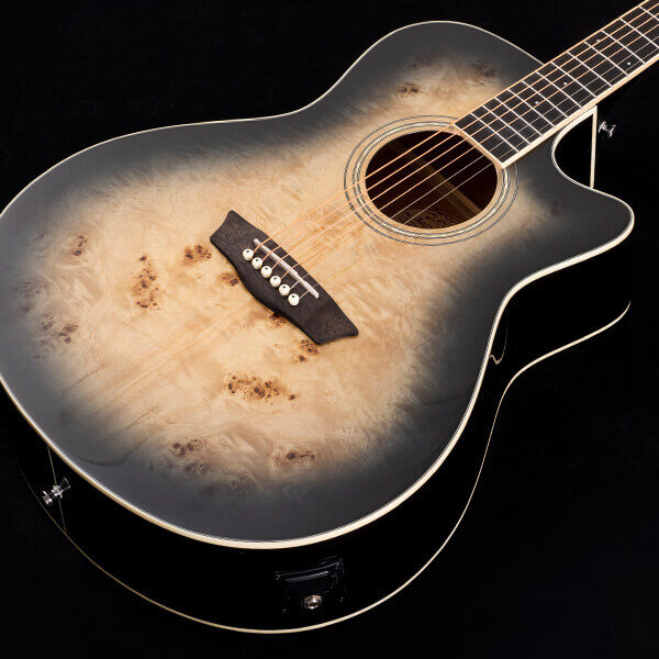 Washburn DFBACEB Deep Forest Burl Grand Auditorium Acoustic Electric Guitar, Black Fade