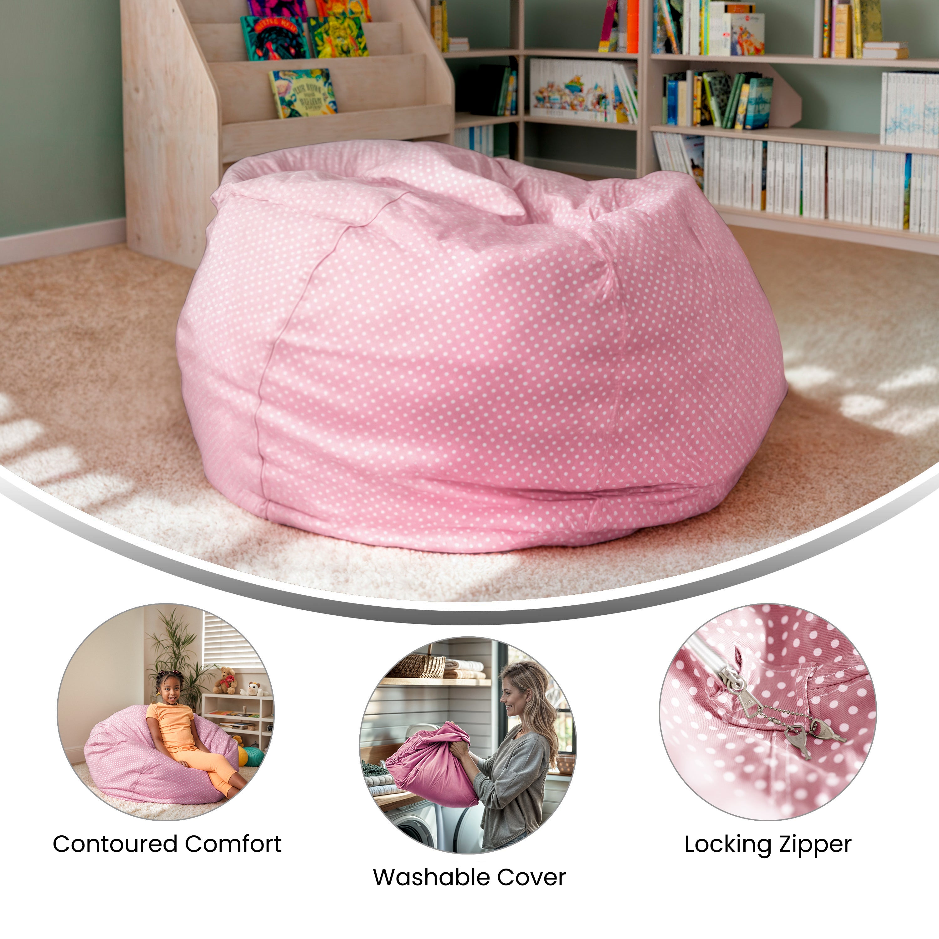 Duncan Oversized Light Pink Dot Refillable Bean Bag Chair for All Ages