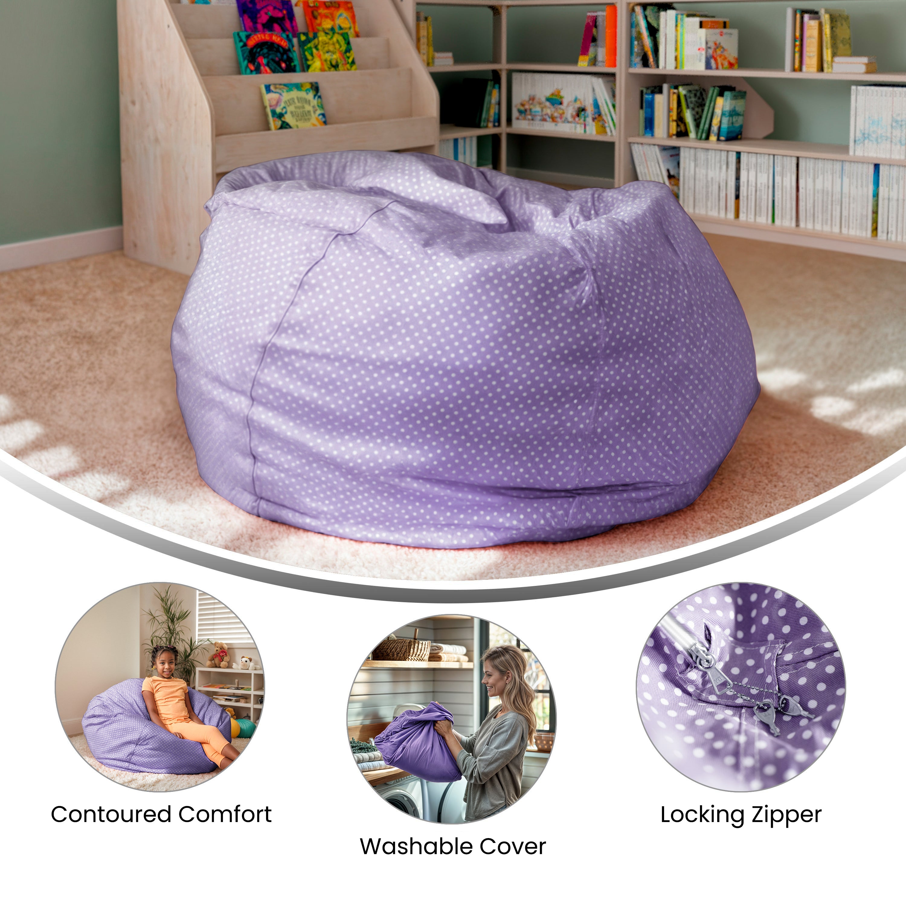 Duncan Oversized Lavender Dot Refillable Bean Bag Chair for All Ages