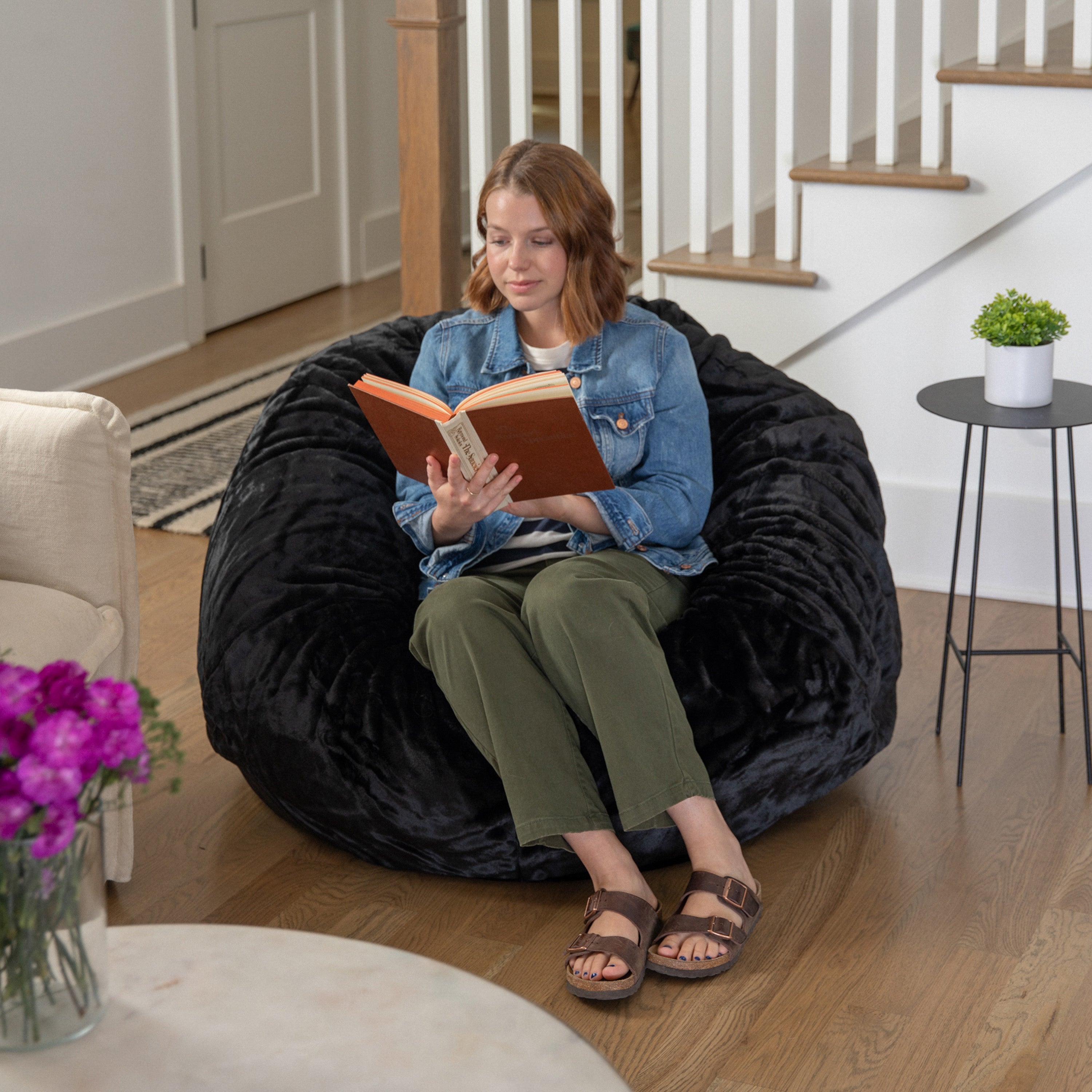 Duncan Oversized Black Furry Refillable Bean Bag Chair for All Ages