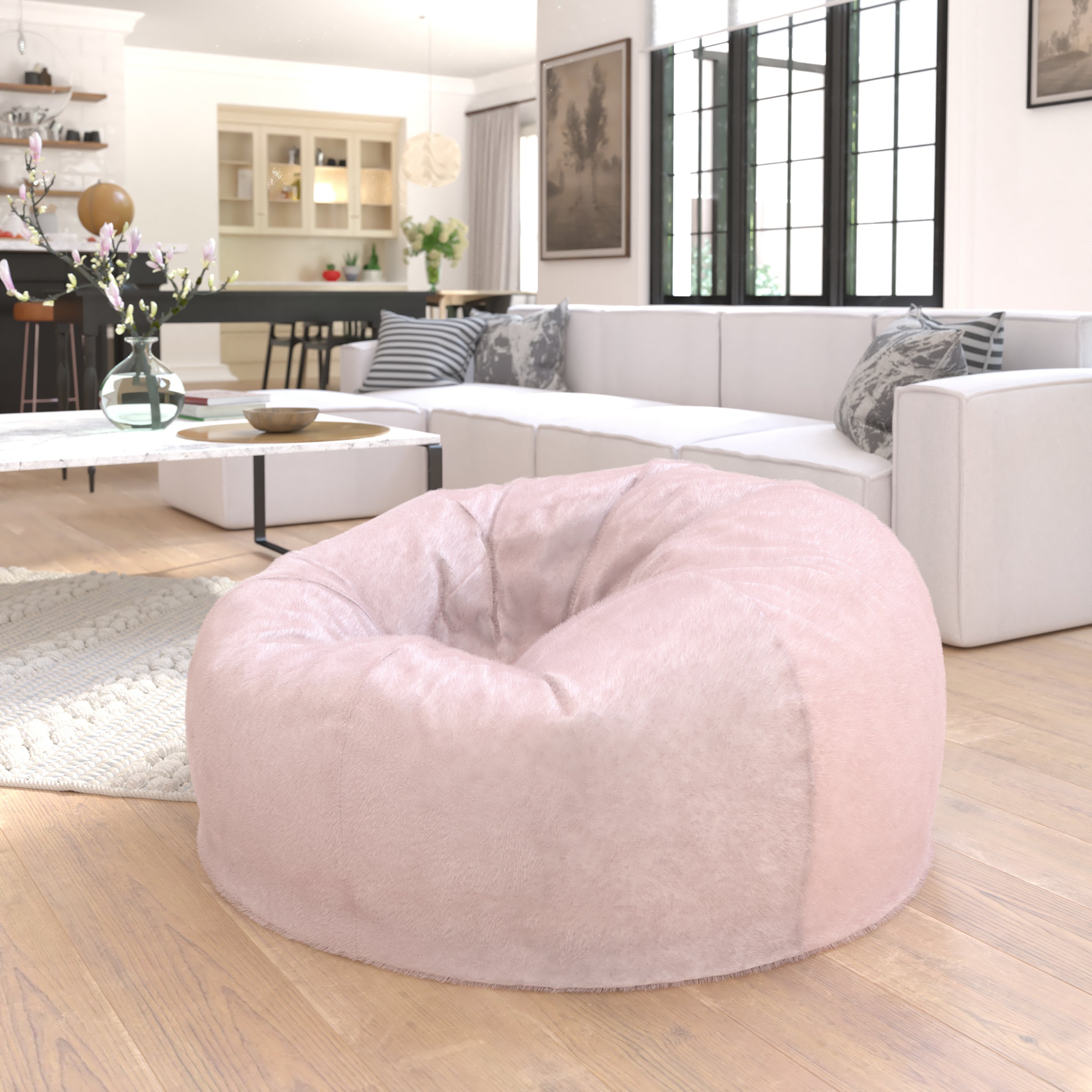 Duncan Oversized Blush Furry Refillable Bean Bag Chair for All Ages