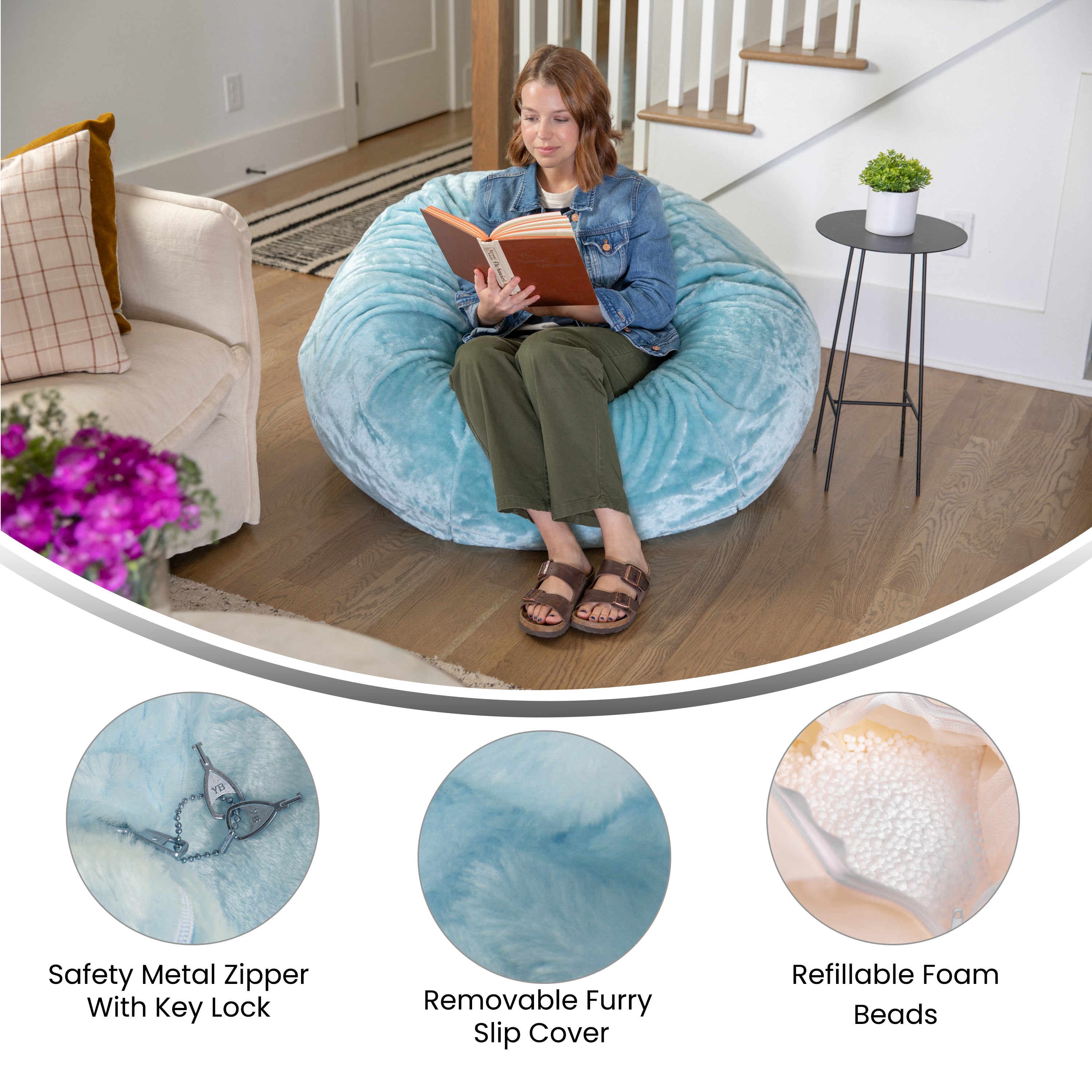 Duncan Oversized Teal Furry Refillable Bean Bag Chair for All Ages