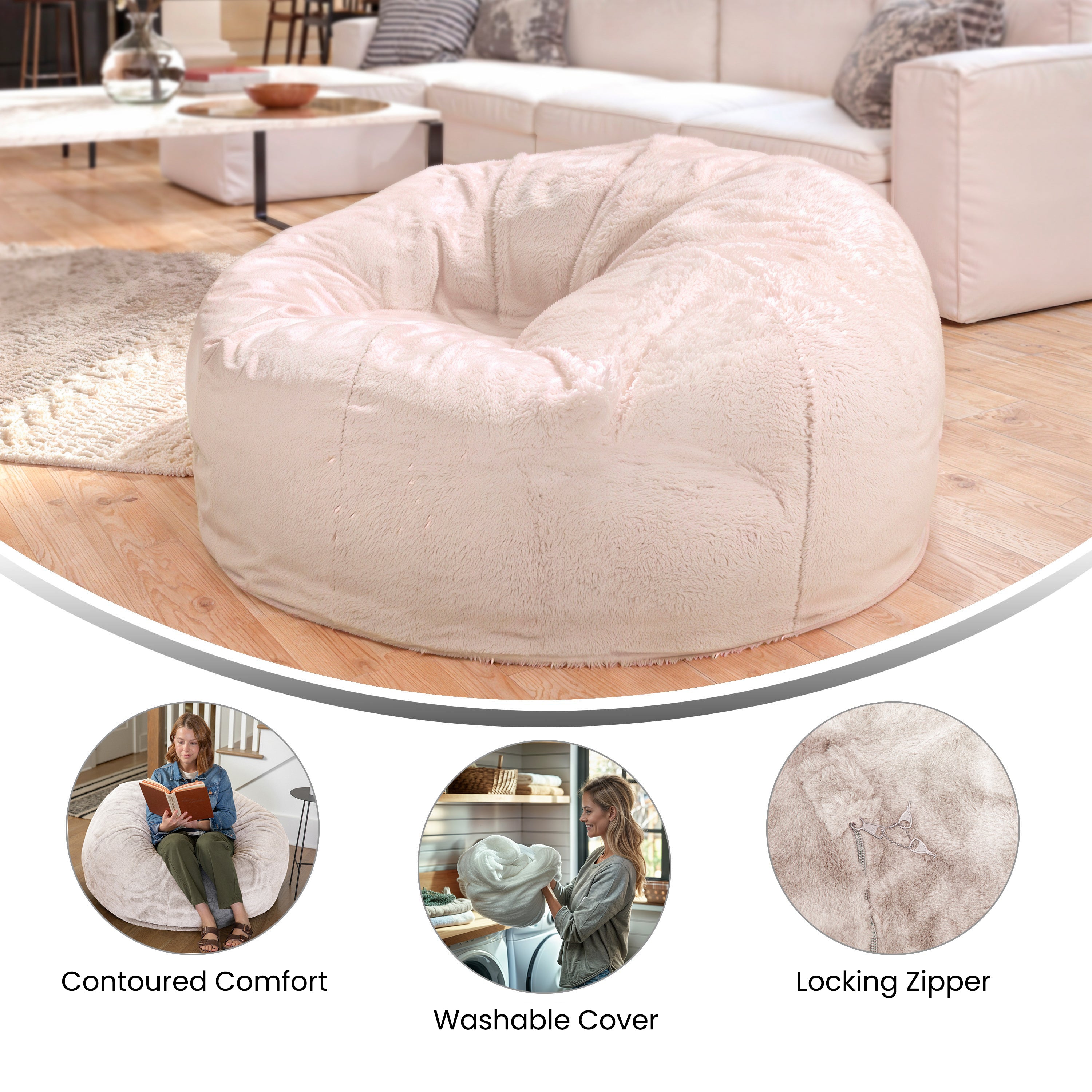 Duncan Oversized White Furry Refillable Bean Bag Chair for All Ages