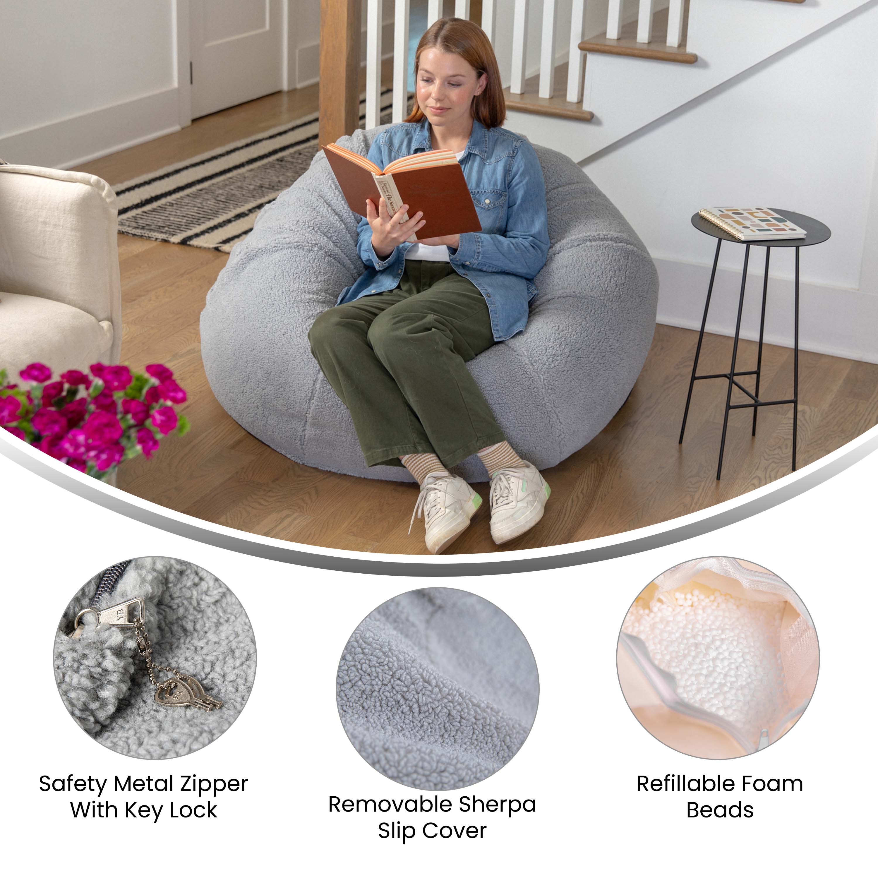 Duncan Large Gray Faux Sherpa Refillable Bean Bag Chair for Kids and Teens