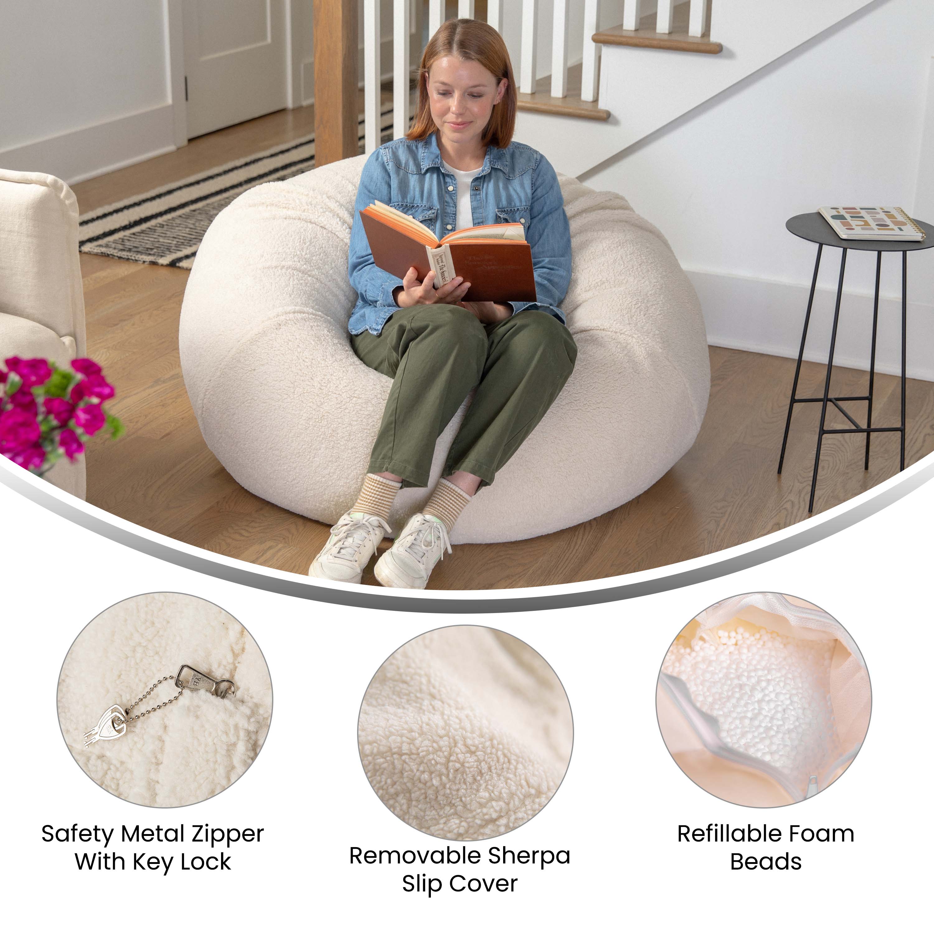 Duncan Large Natural Faux Sherpa Refillable Bean Bag Chair for Kids and Teens