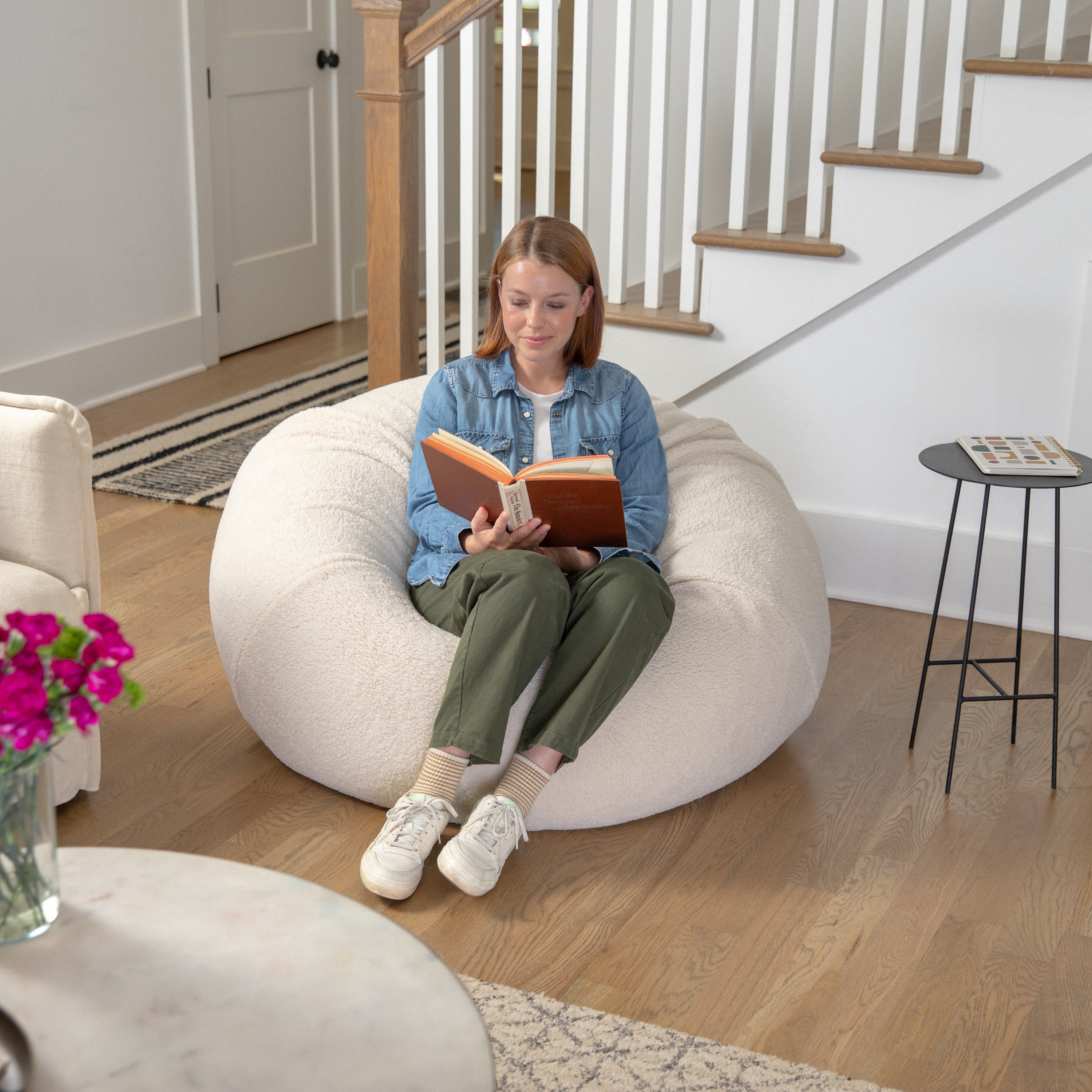 Duncan Large Natural Faux Sherpa Refillable Bean Bag Chair for Kids and Teens