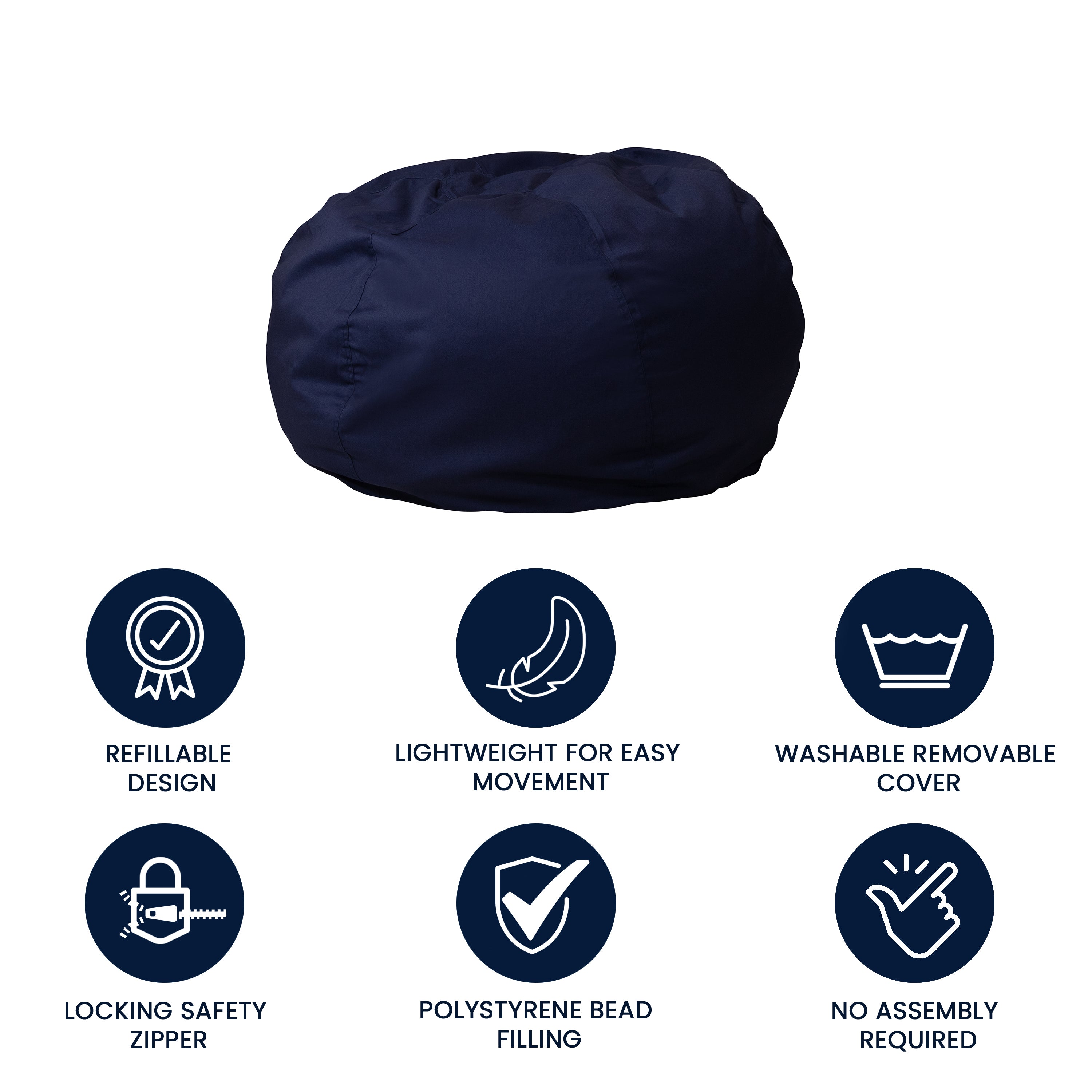 Duncan Oversized Solid Navy Blue Refillable Bean Bag Chair for All Ages