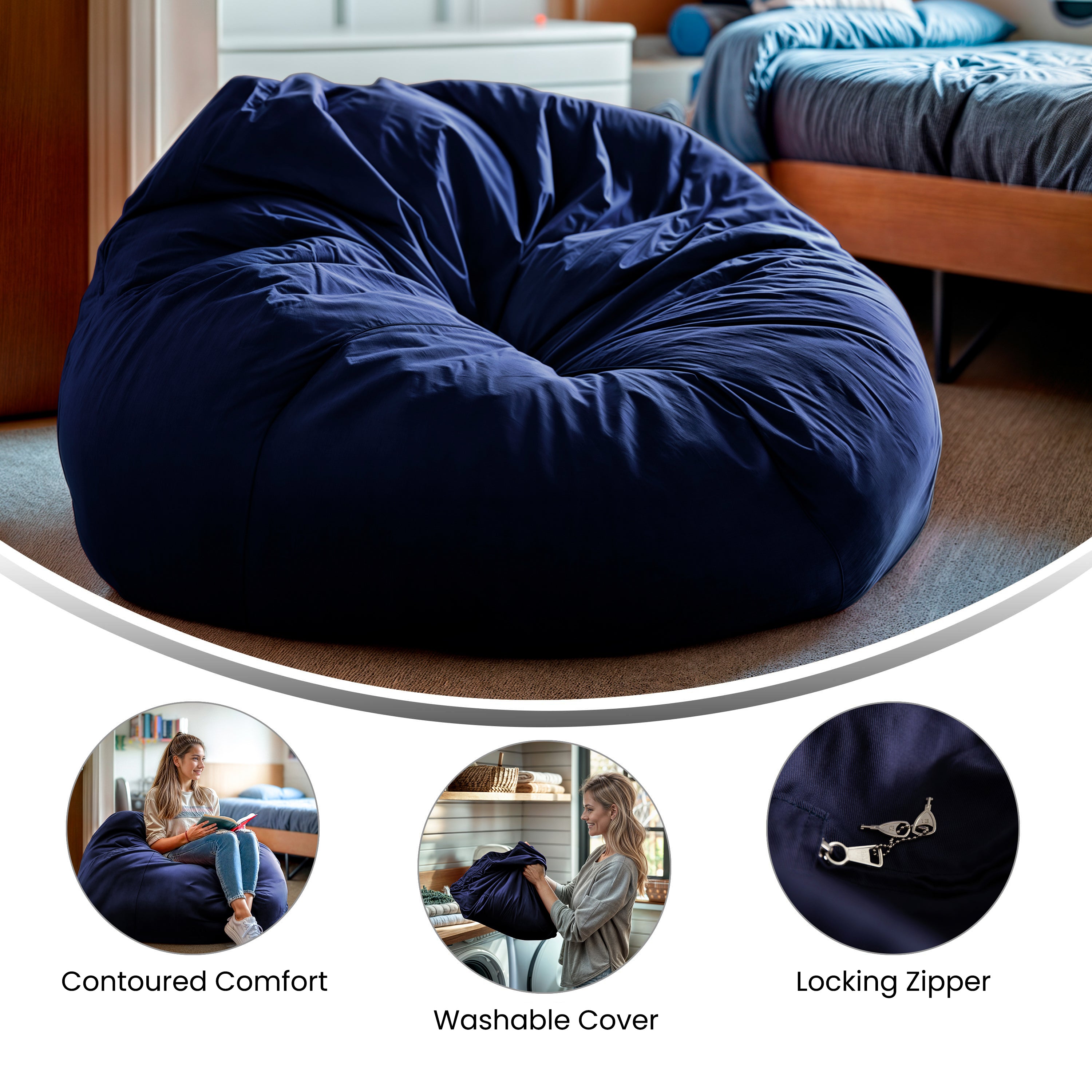 Duncan Oversized Solid Navy Blue Refillable Bean Bag Chair for All Ages
