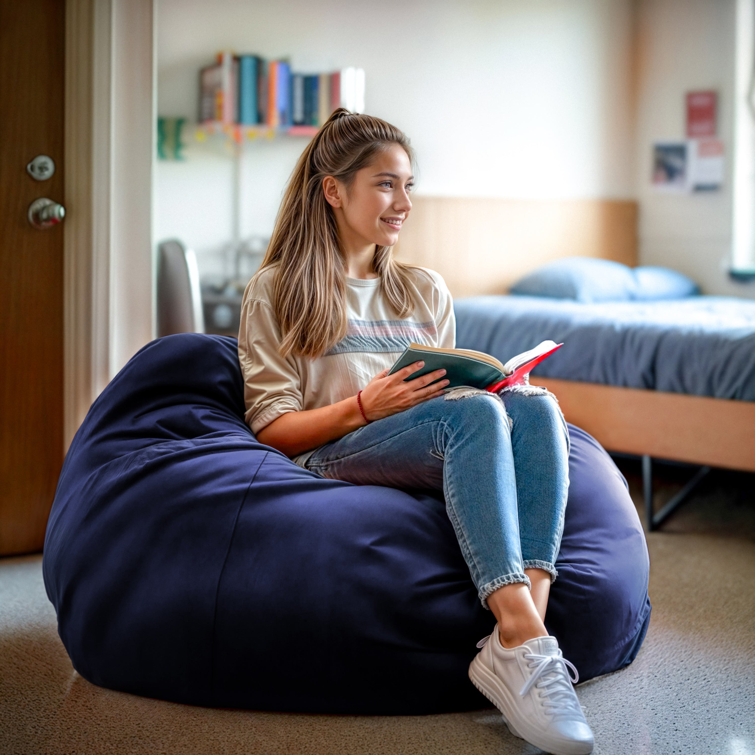 Duncan Oversized Solid Navy Blue Refillable Bean Bag Chair for All Ages