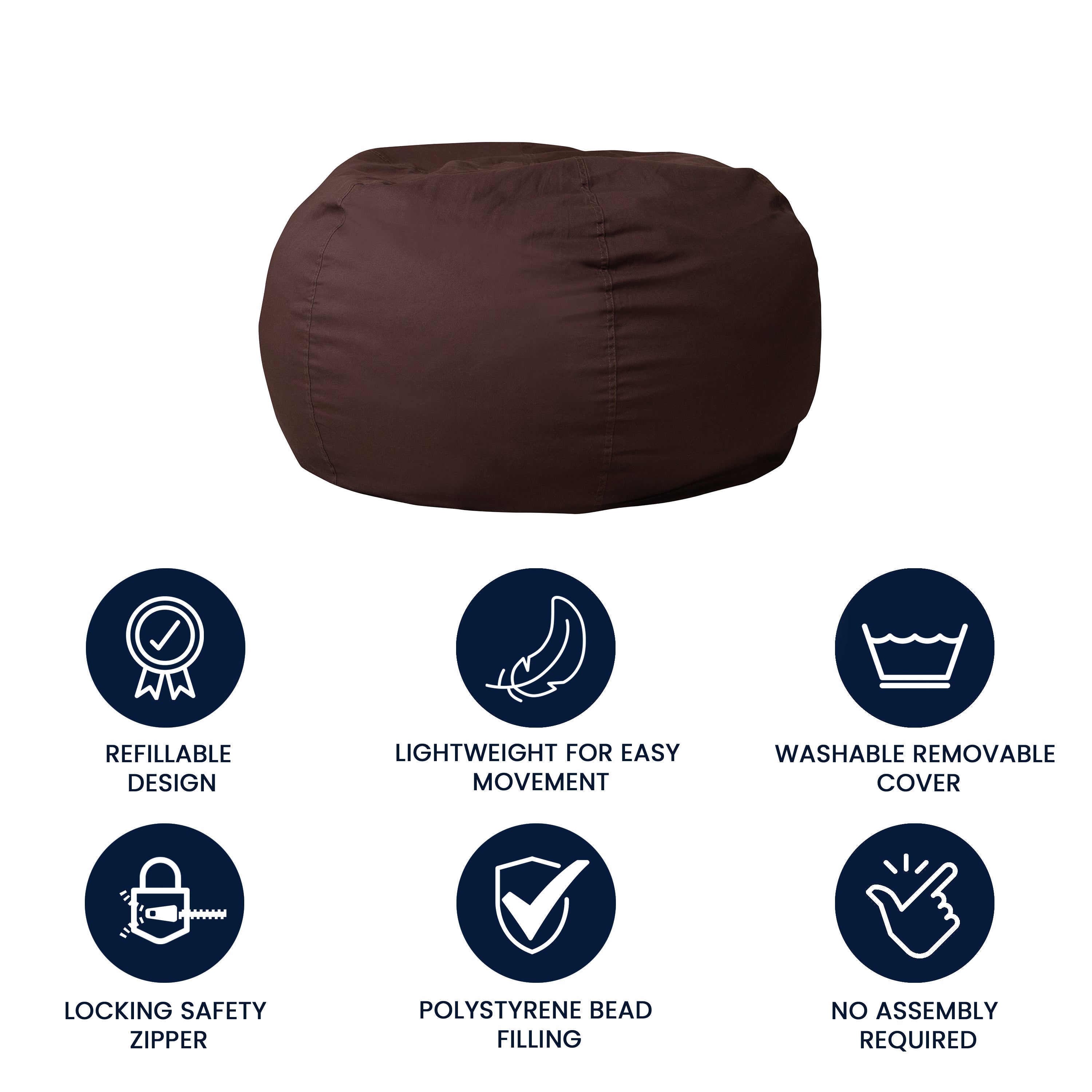 Duncan Oversized Solid Brown Refillable Bean Bag Chair for All Ages