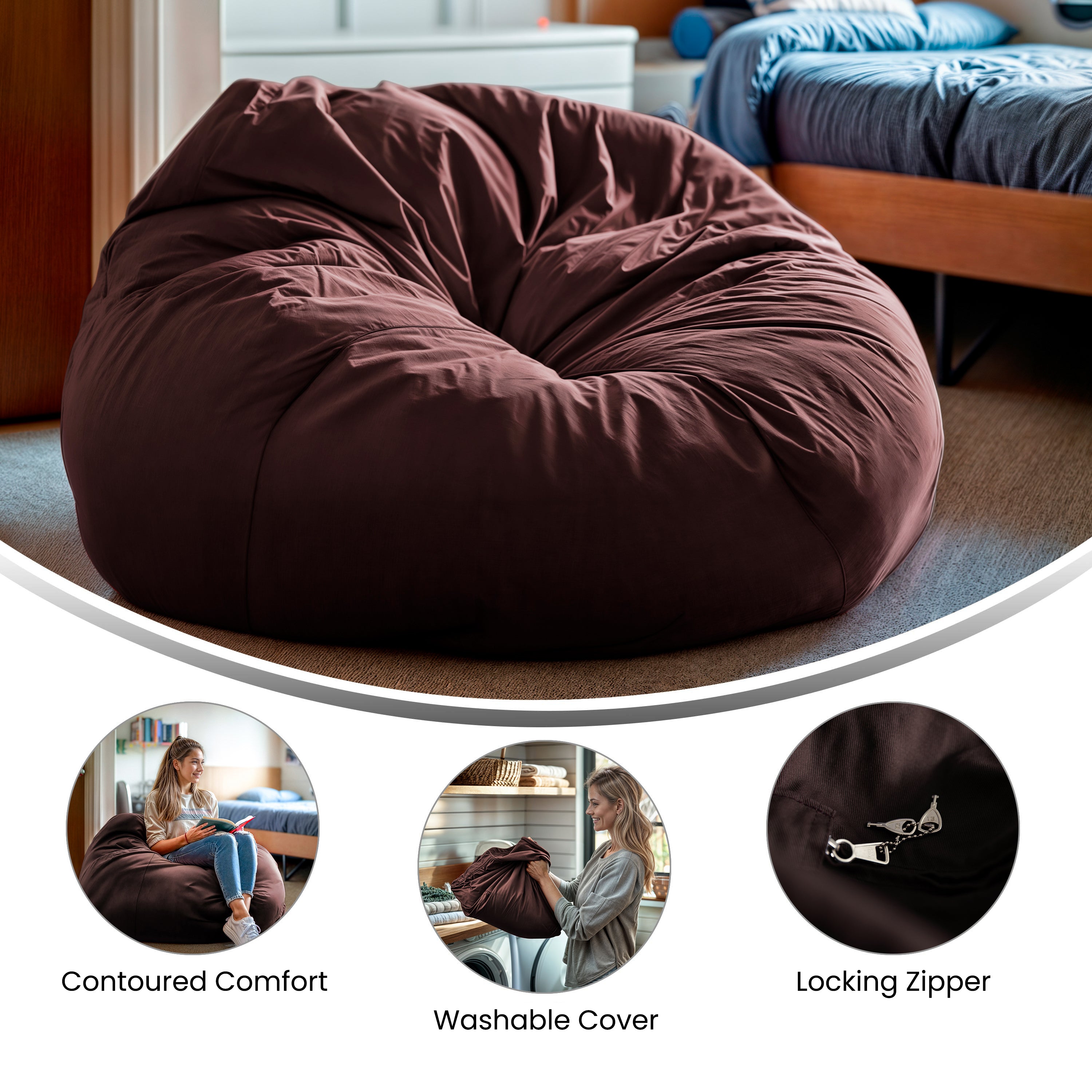 Duncan Oversized Solid Brown Refillable Bean Bag Chair for All Ages