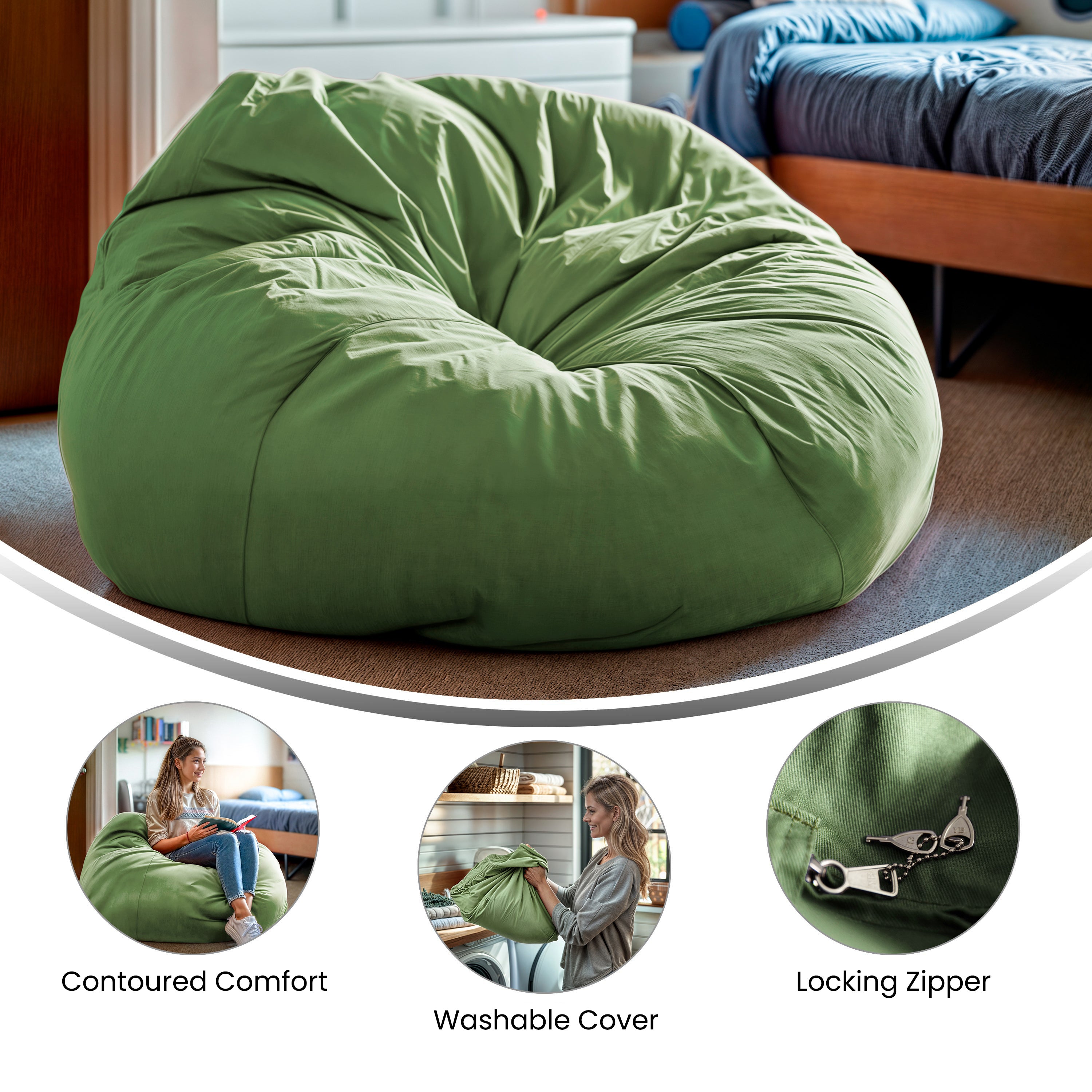 Duncan Oversized Solid Green Refillable Bean Bag Chair for All Ages