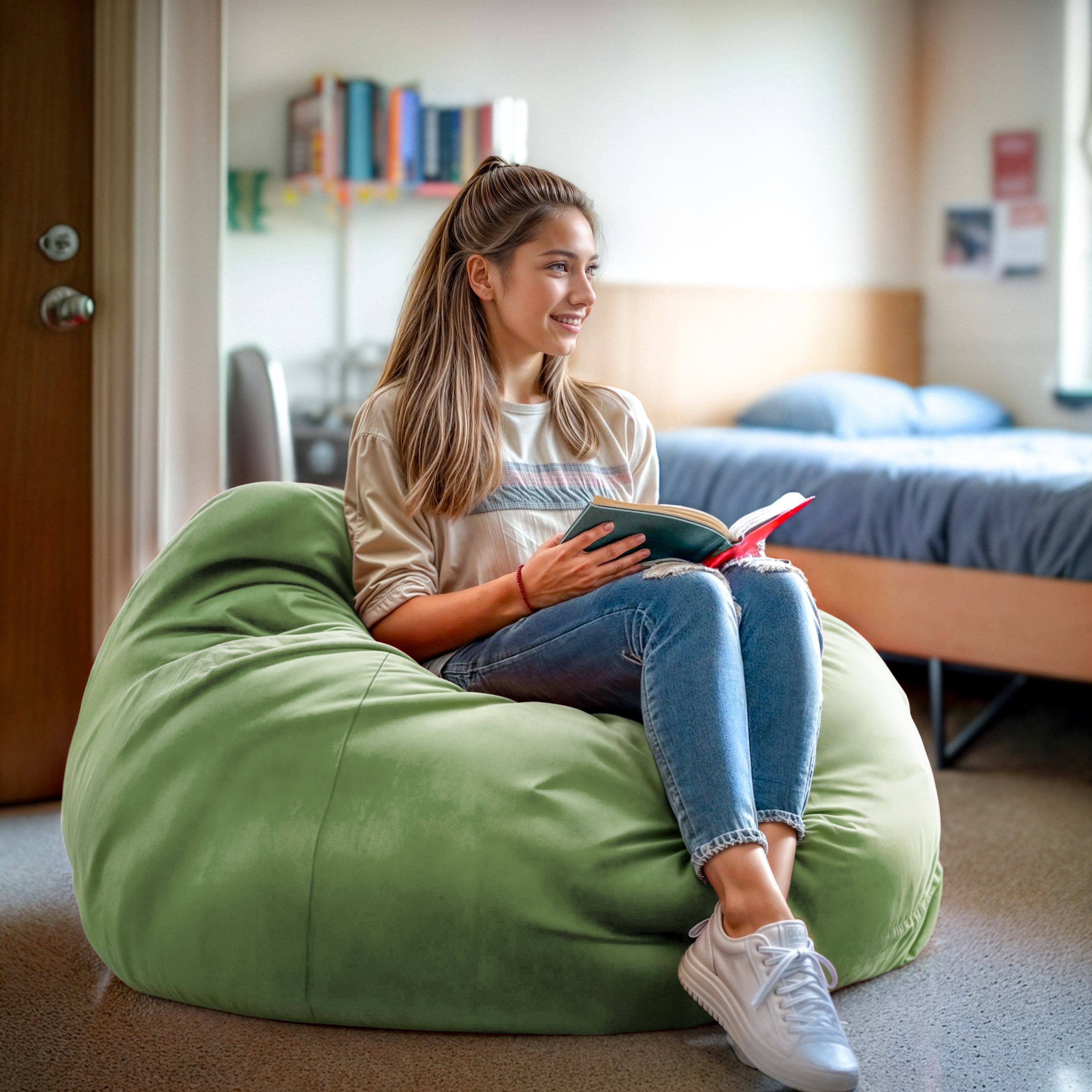 Duncan Oversized Solid Green Refillable Bean Bag Chair for All Ages