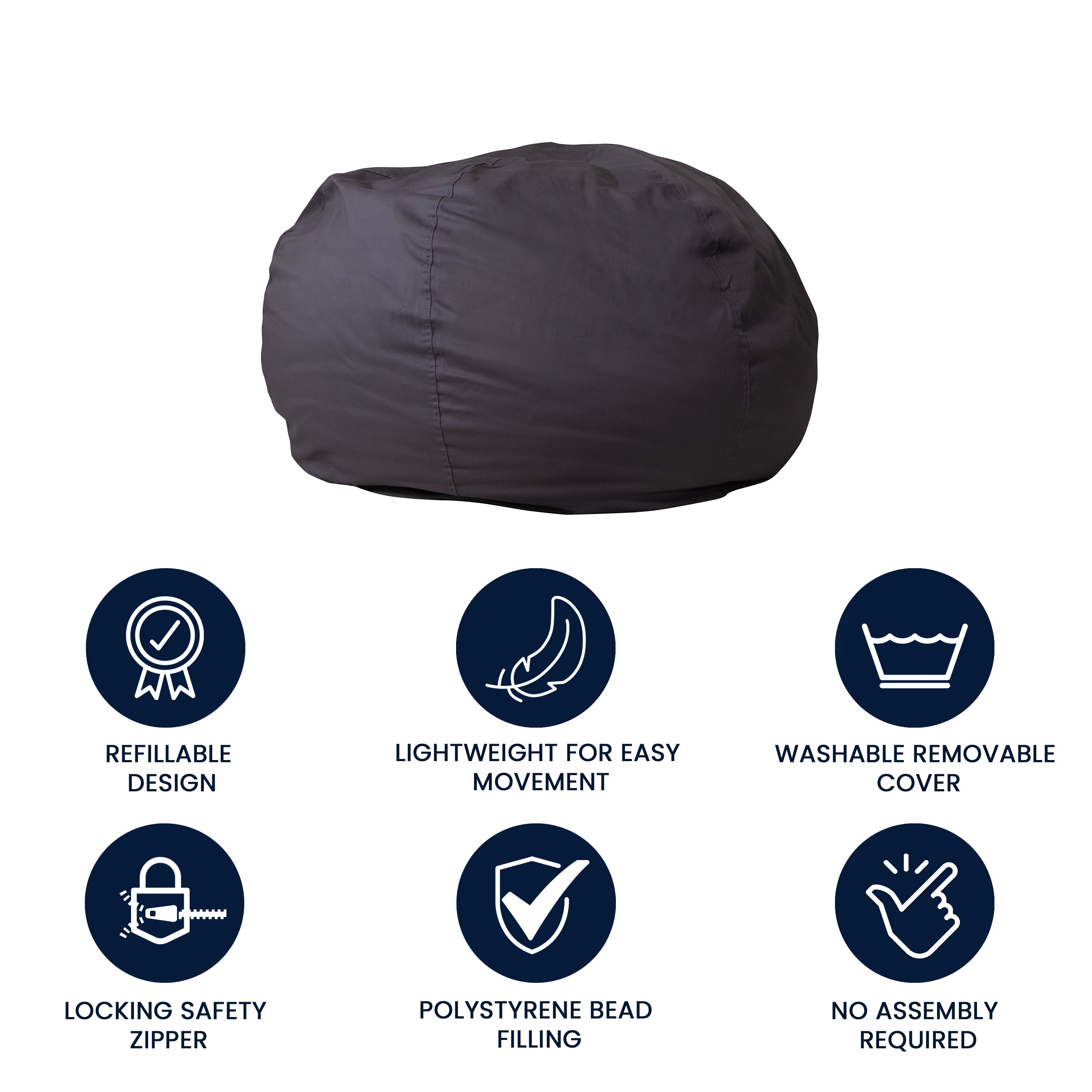 Duncan Oversized Solid Gray Refillable Bean Bag Chair for All Ages