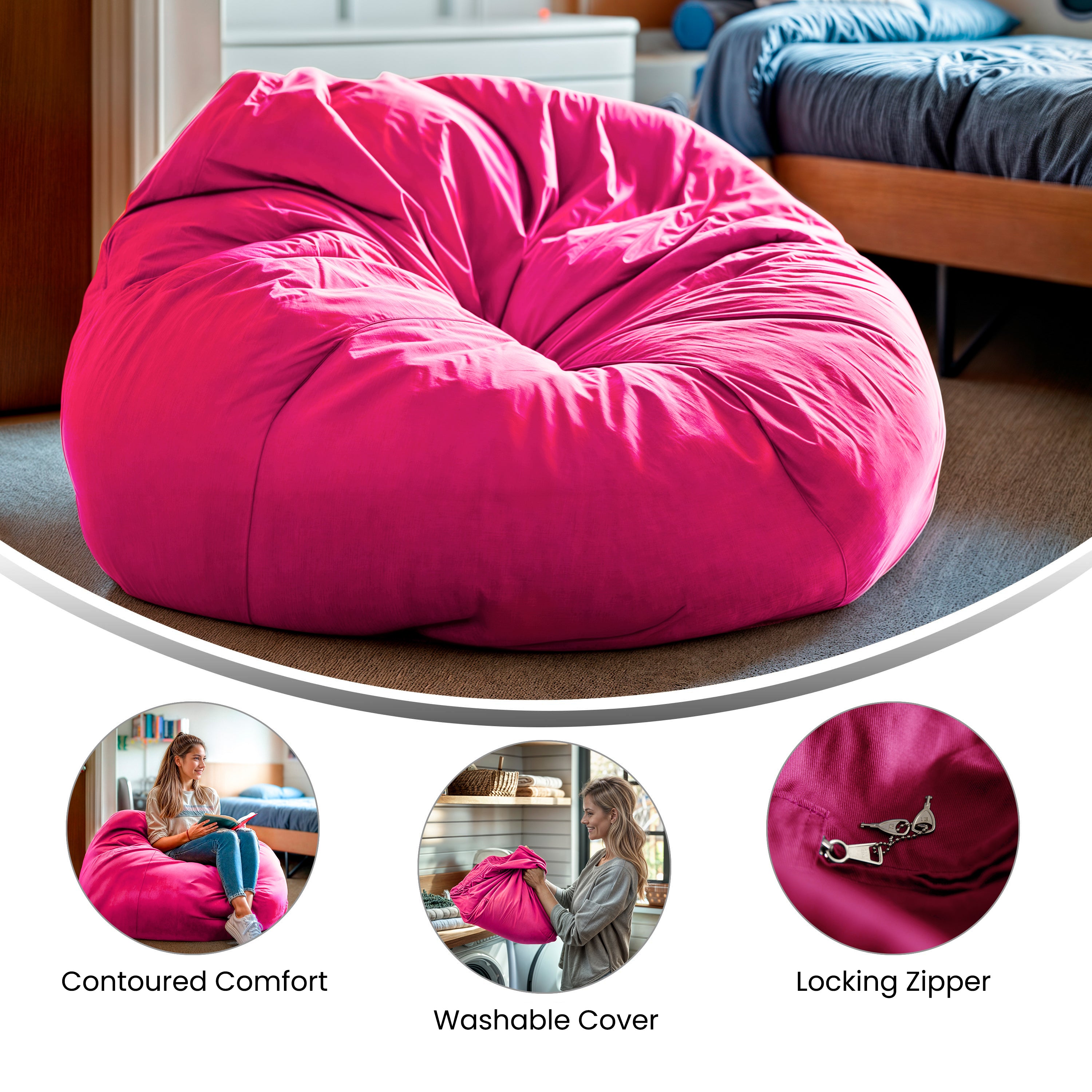 Duncan Oversized Solid Hot Pink Refillable Bean Bag Chair for All Ages