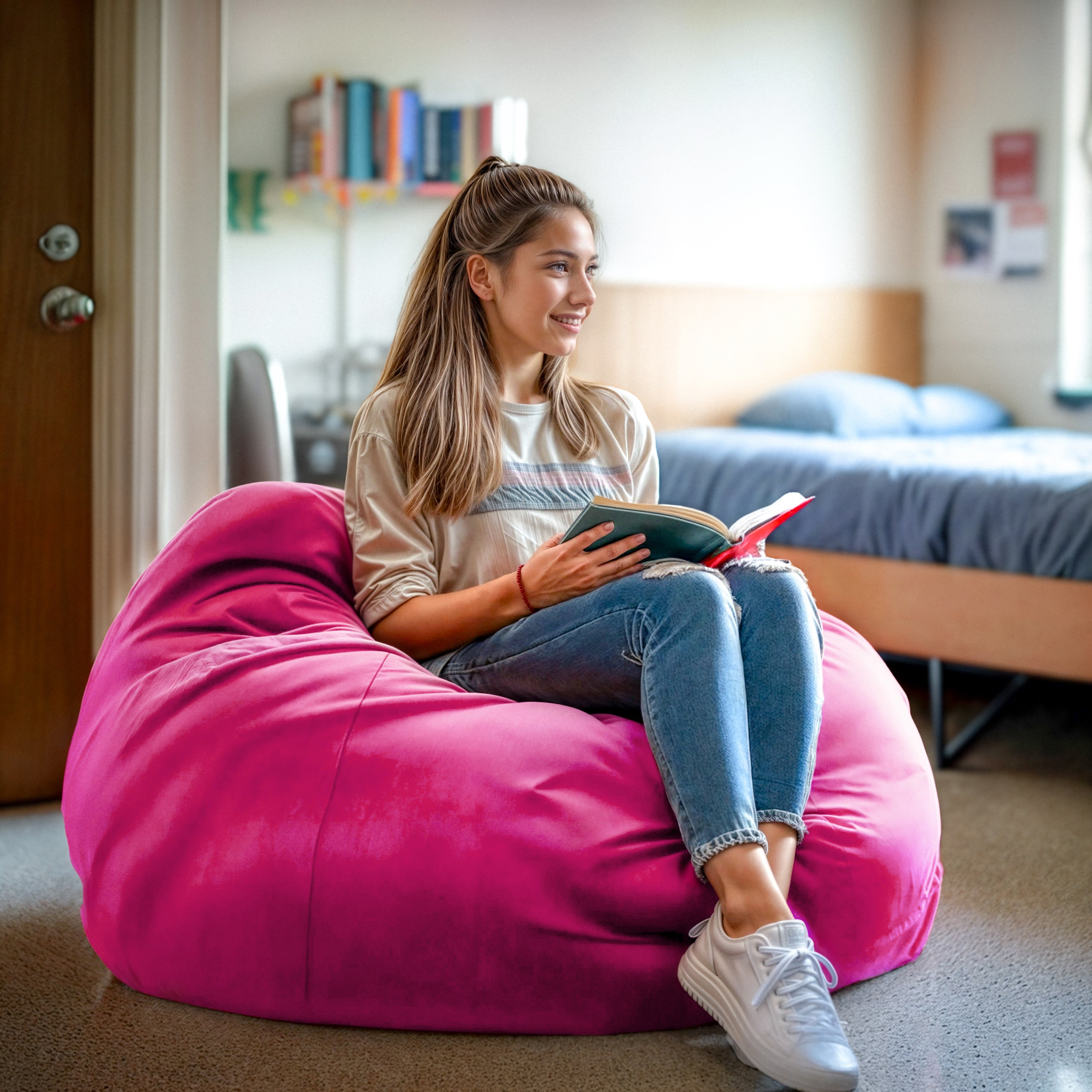 Duncan Oversized Solid Hot Pink Refillable Bean Bag Chair for All Ages