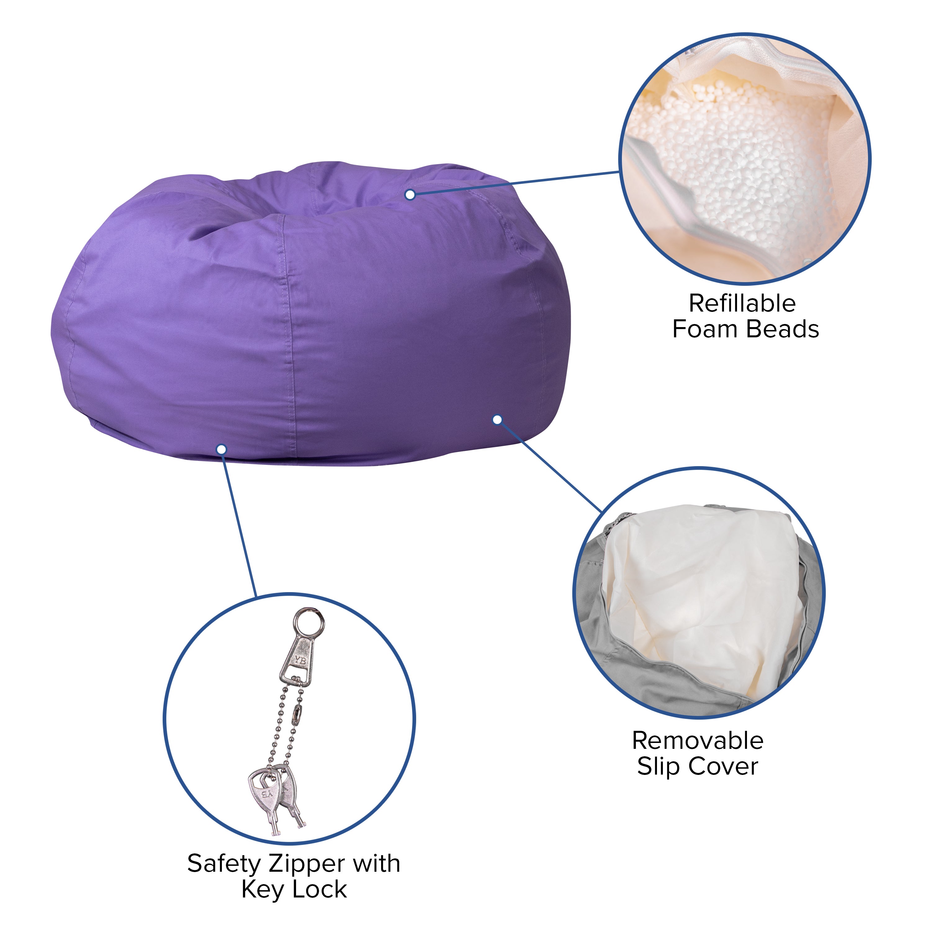 Duncan Oversized Solid Purple Refillable Bean Bag Chair for All Ages