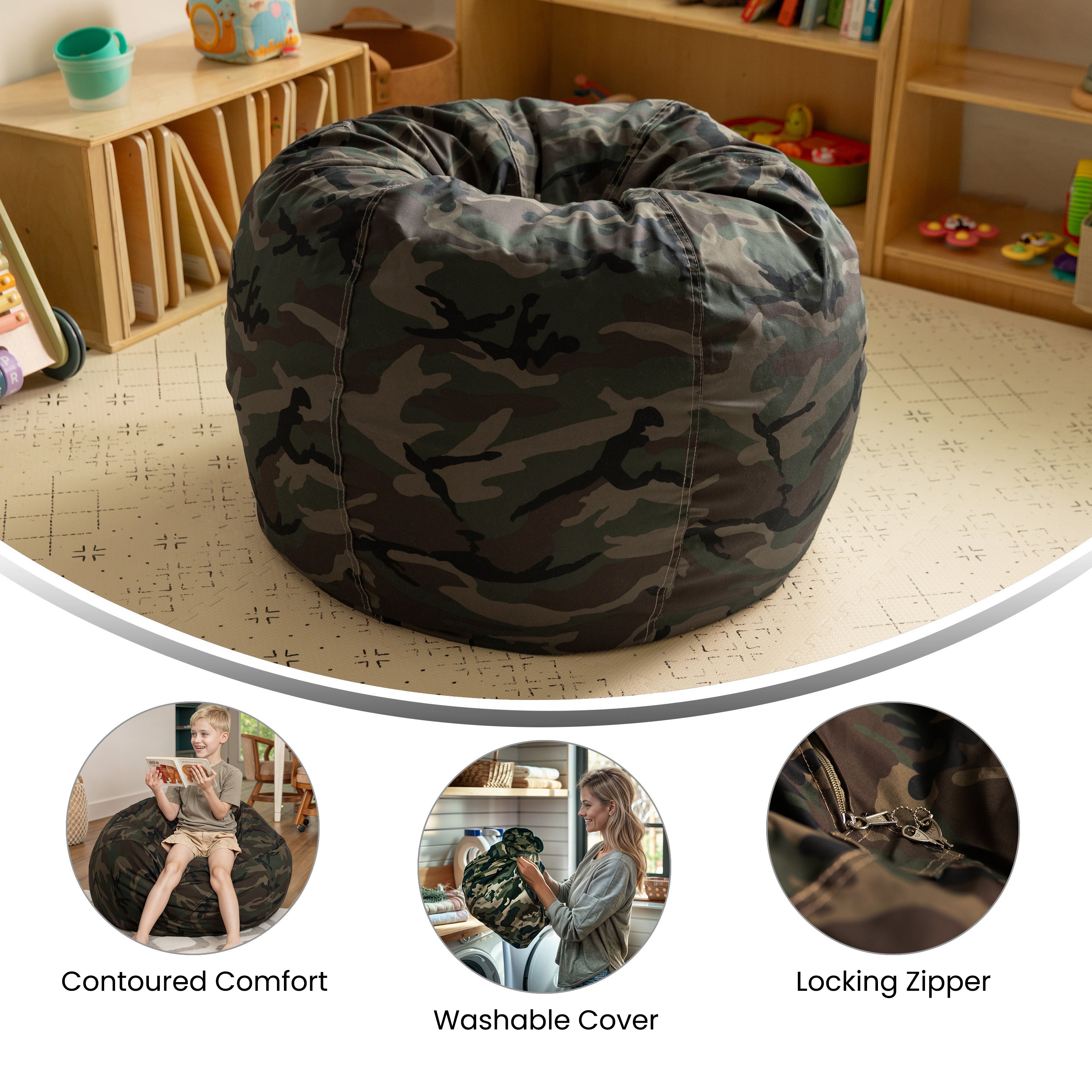 Dillon Small Camouflage Refillable Bean Bag Chair for Kids and Teens