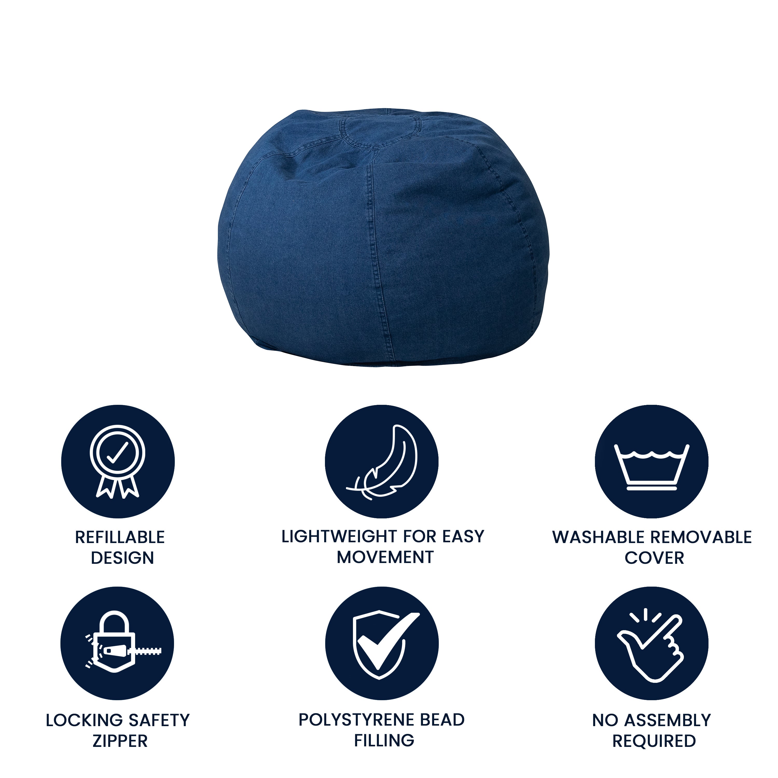 Dillon Small Denim Refillable Bean Bag Chair for Kids and Teens
