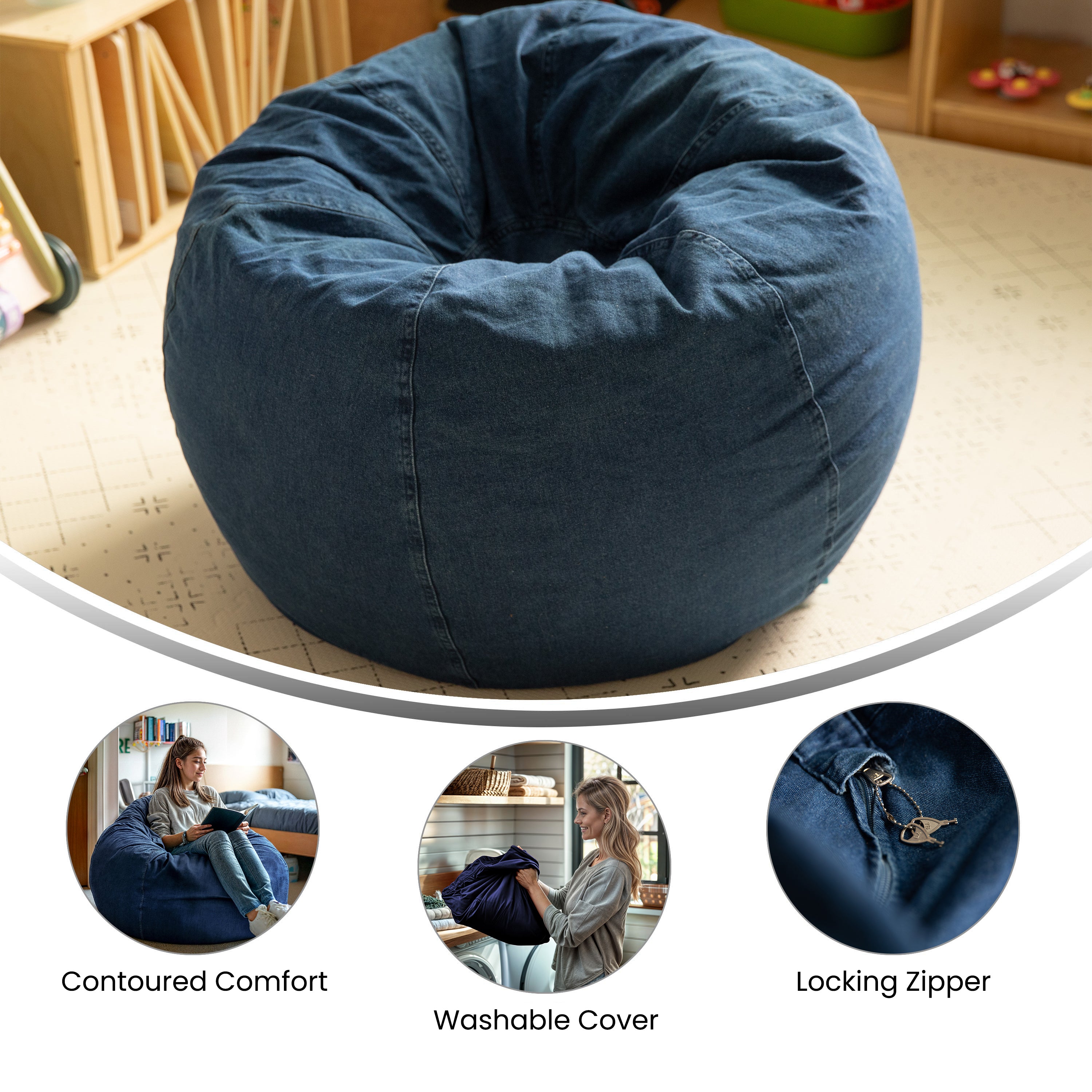 Dillon Small Denim Refillable Bean Bag Chair for Kids and Teens